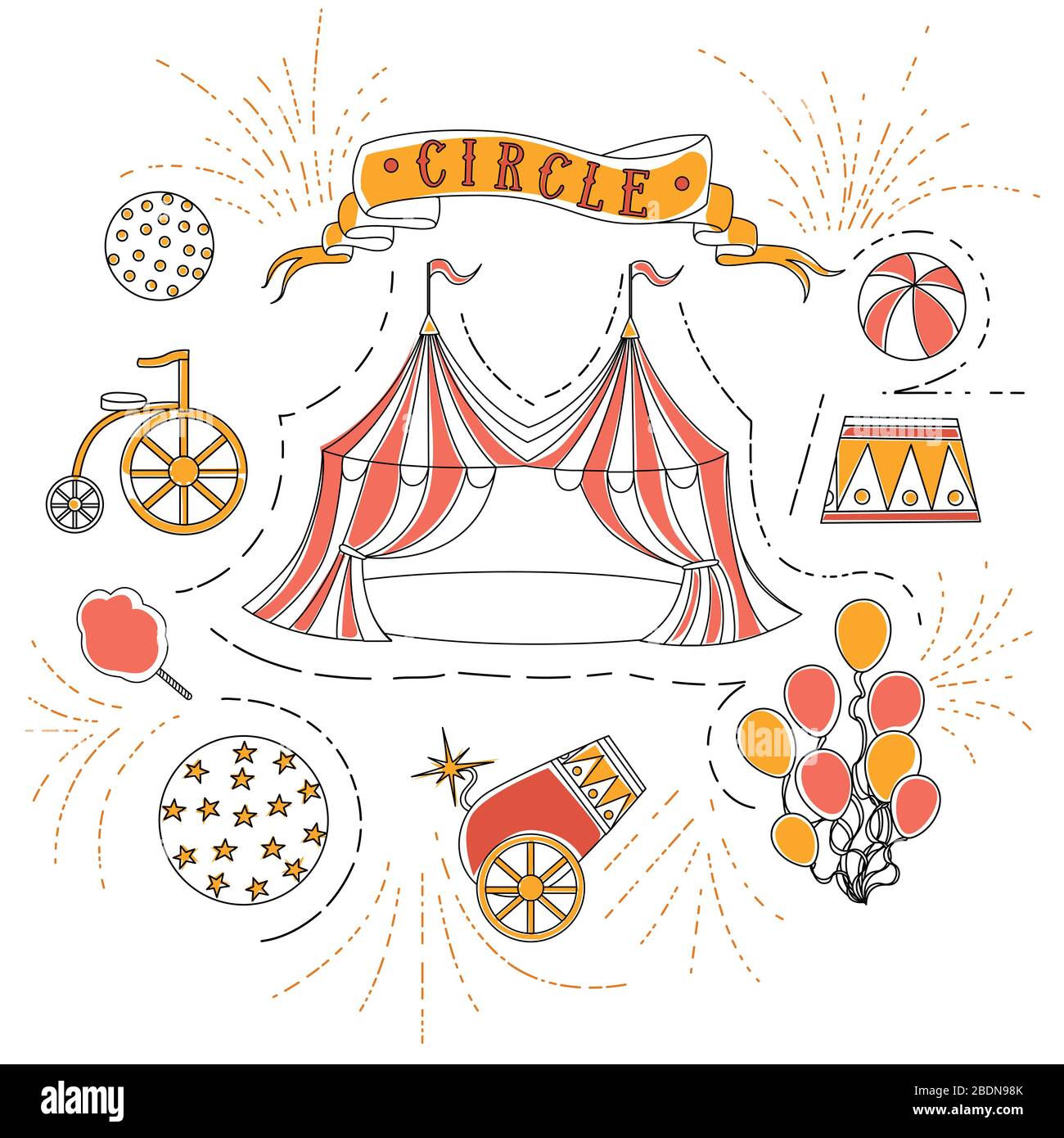 Outline Circus Icons Collection Linear Style Flat Vector Illustration auf weißem Hintergrund Stock Vektor