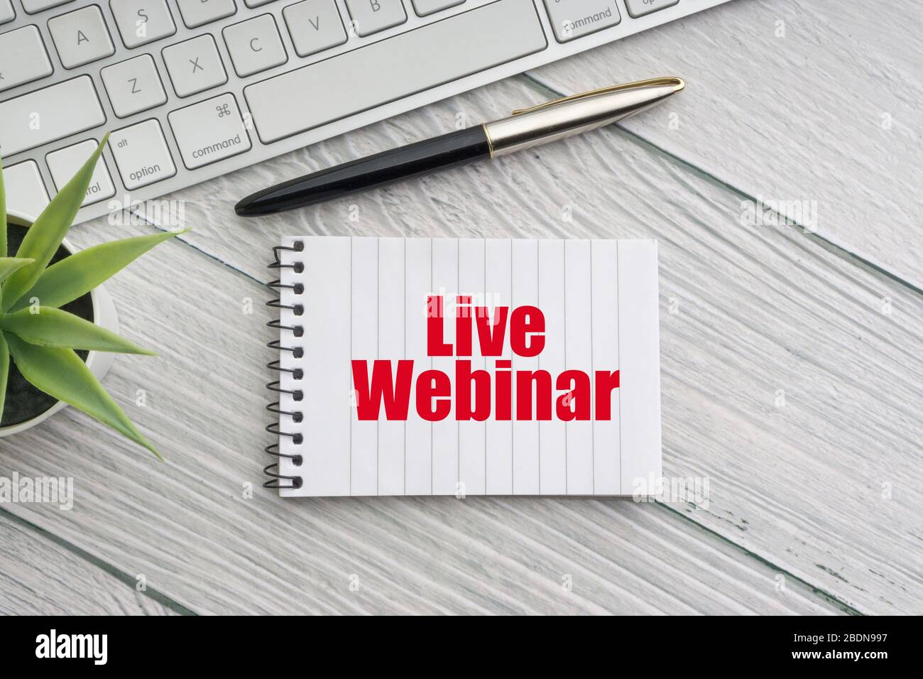 LIVE-WEBINAR-Text mit dekorativer Blume, Füllfederhalter, Tastatur und Notizblock auf Holzhintergrund. Geschäfts- und Technologiekonzept Stockfoto