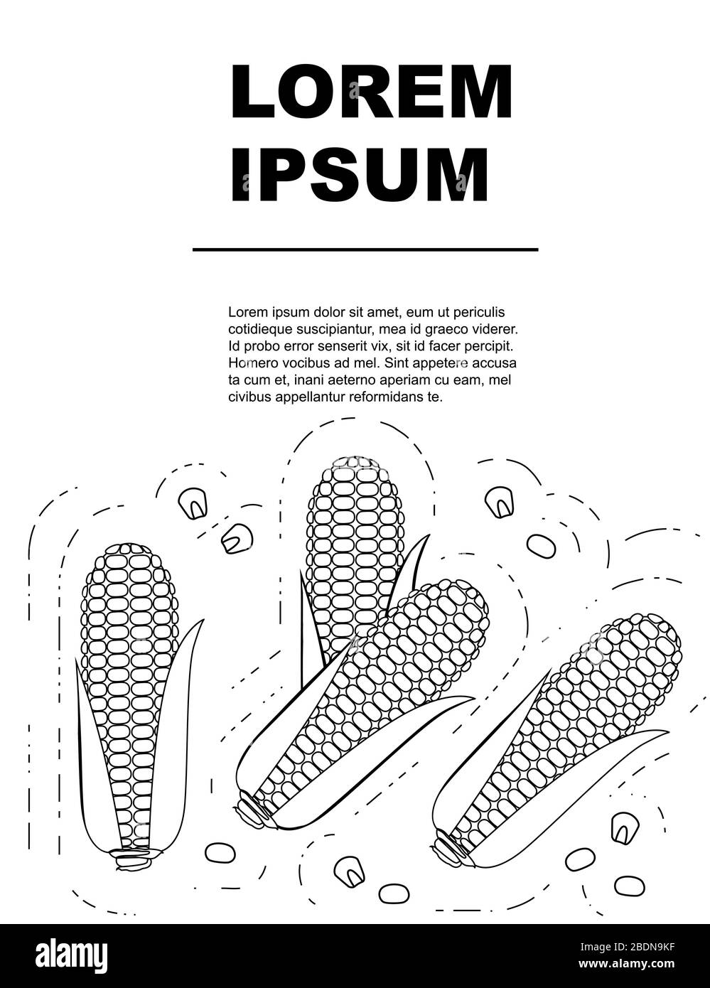 Werbeflyer oder Grußkartendesign mit Umriss Mais-Cob-Flachvektorillustration auf weißem Hintergrund Stock Vektor