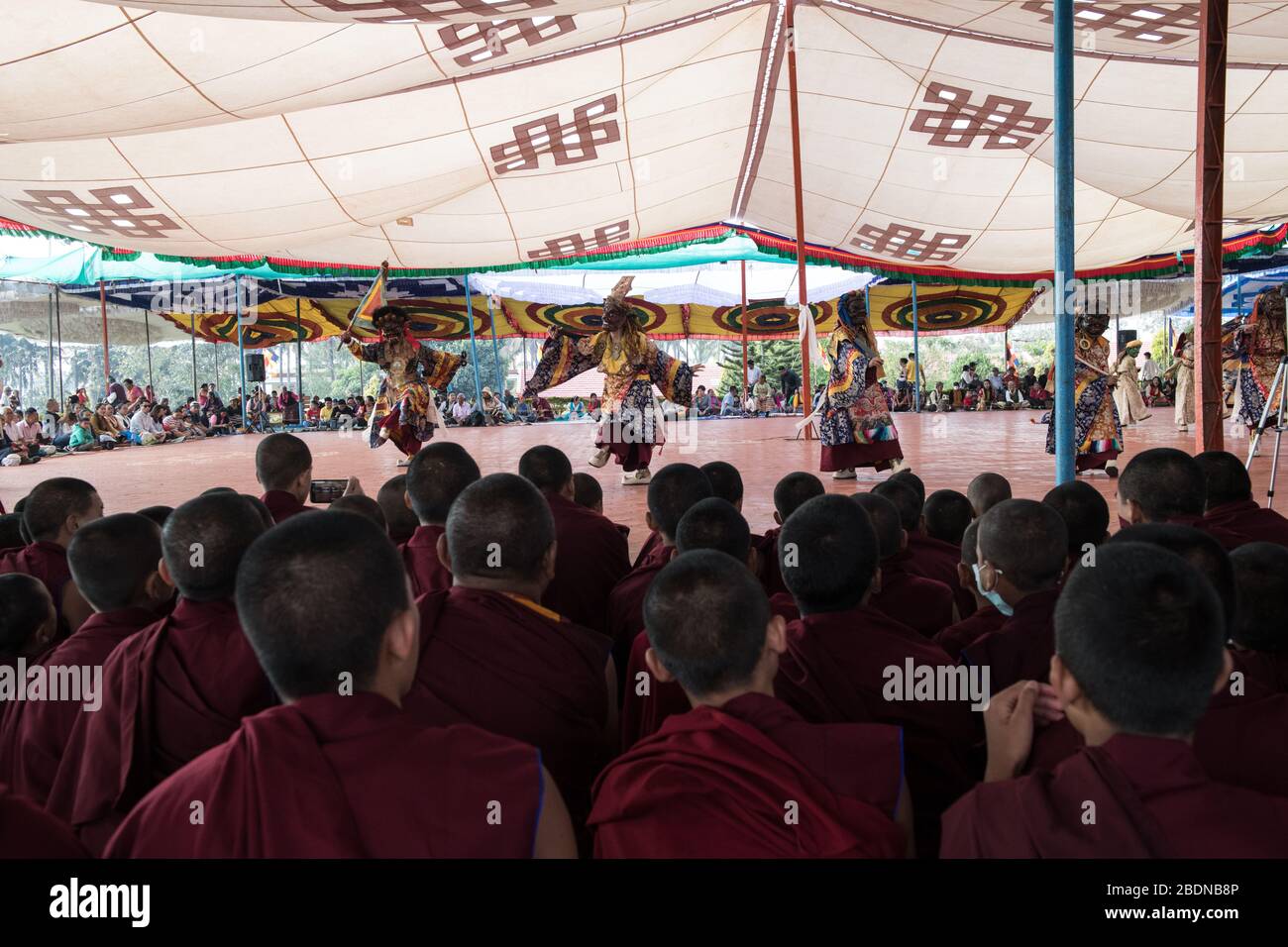 Cham-Tanz, der von tibetischen Mönchen während des Losar (Tibetisches Neujahr) in Gurupura tibetische Siedlung, Karnataka, Südindien, aufgeführt wird. Stockfoto