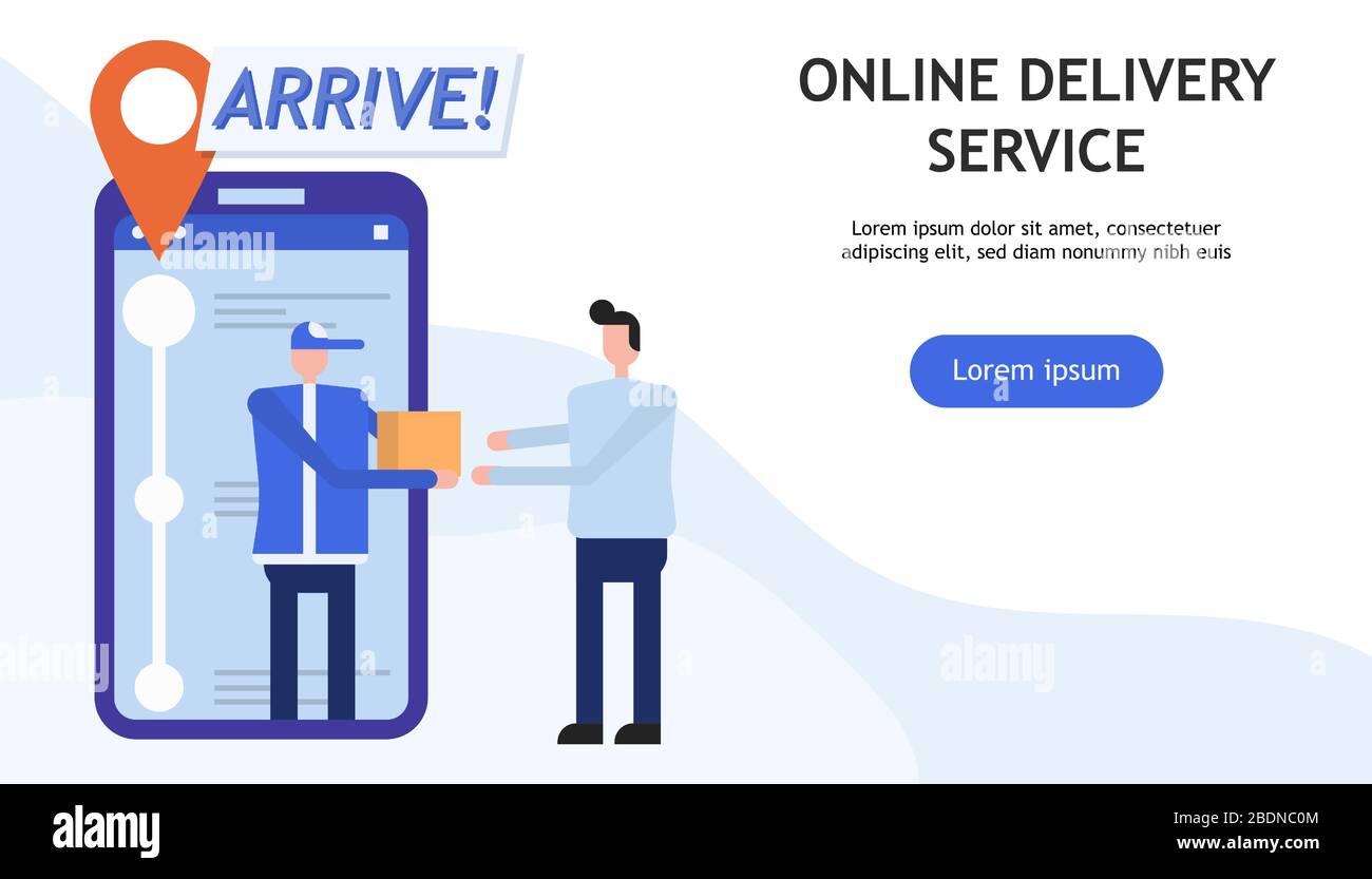 Der Lieferer übergibt dem männlichen Kunden ein Paket über Smartphone. Konzept Online Bereitstellung Service Website Banner. Stock Vektor