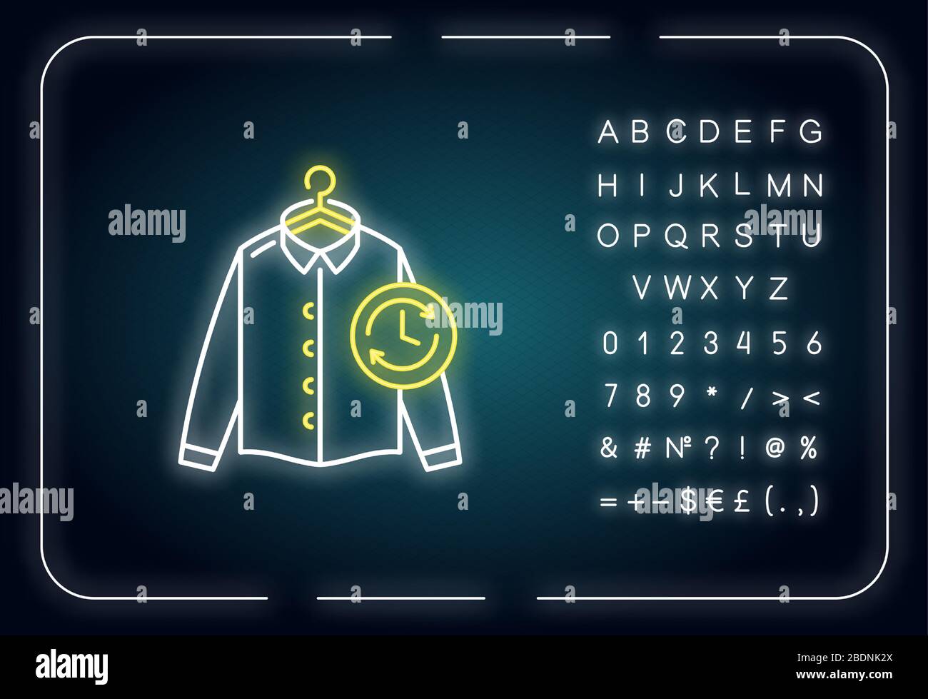 Express Wäsche Neonlicht Symbol. Wäsche schnell waschen, chemische Reinigung. Schneller Waschsalon. Äußere leuchtende Wirkung. Zeichen mit Alphabet, Zahlen und Stock Vektor