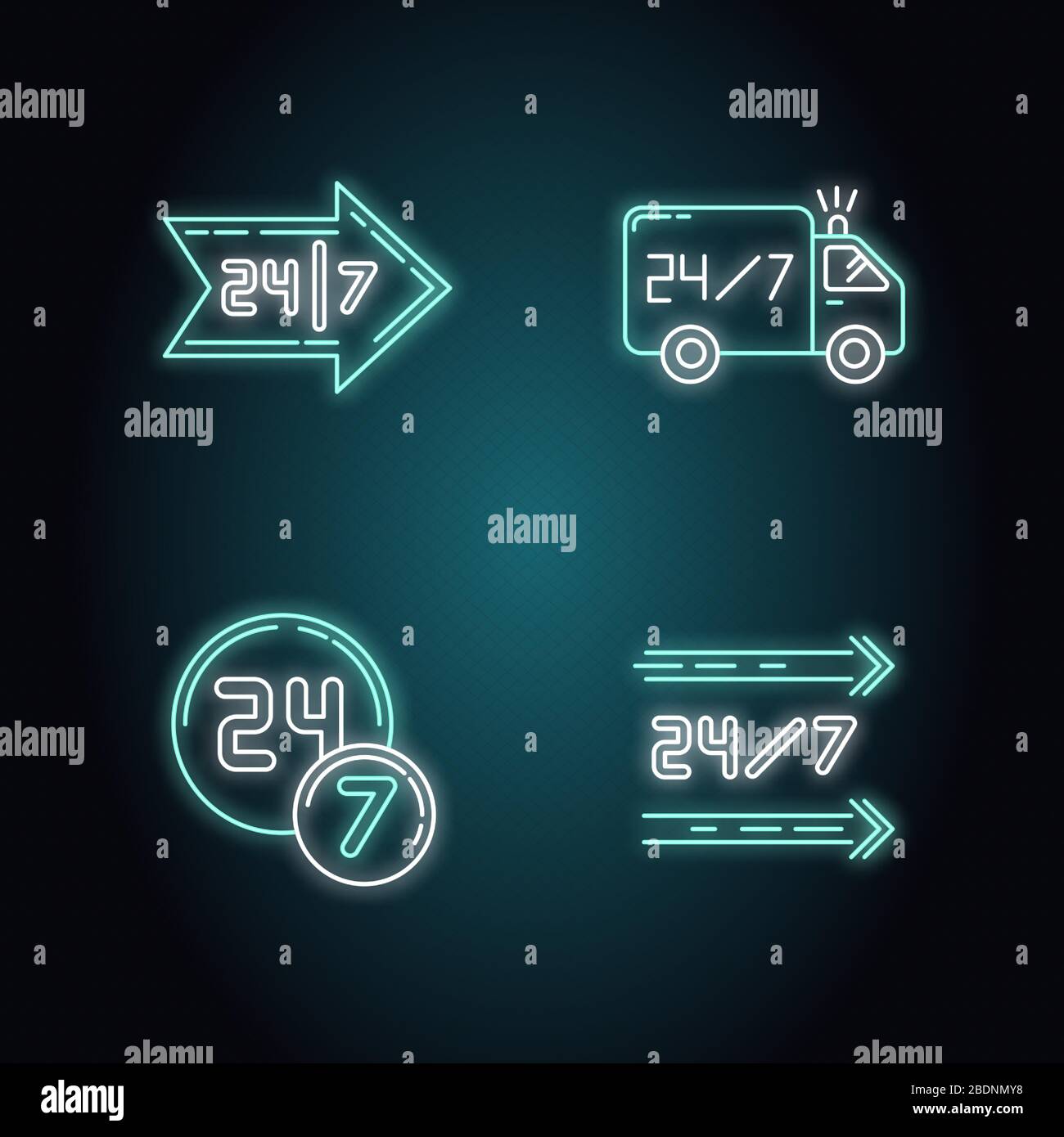 7-Stunden-Service, Neon Light Icons Set. Ganztägig verfügbarer Lieferwagen. Rund um die Uhr geöffneter 24-Stunden-Laden. 24 Stunden Shop. Schilder mit Außenmaterial Stock Vektor