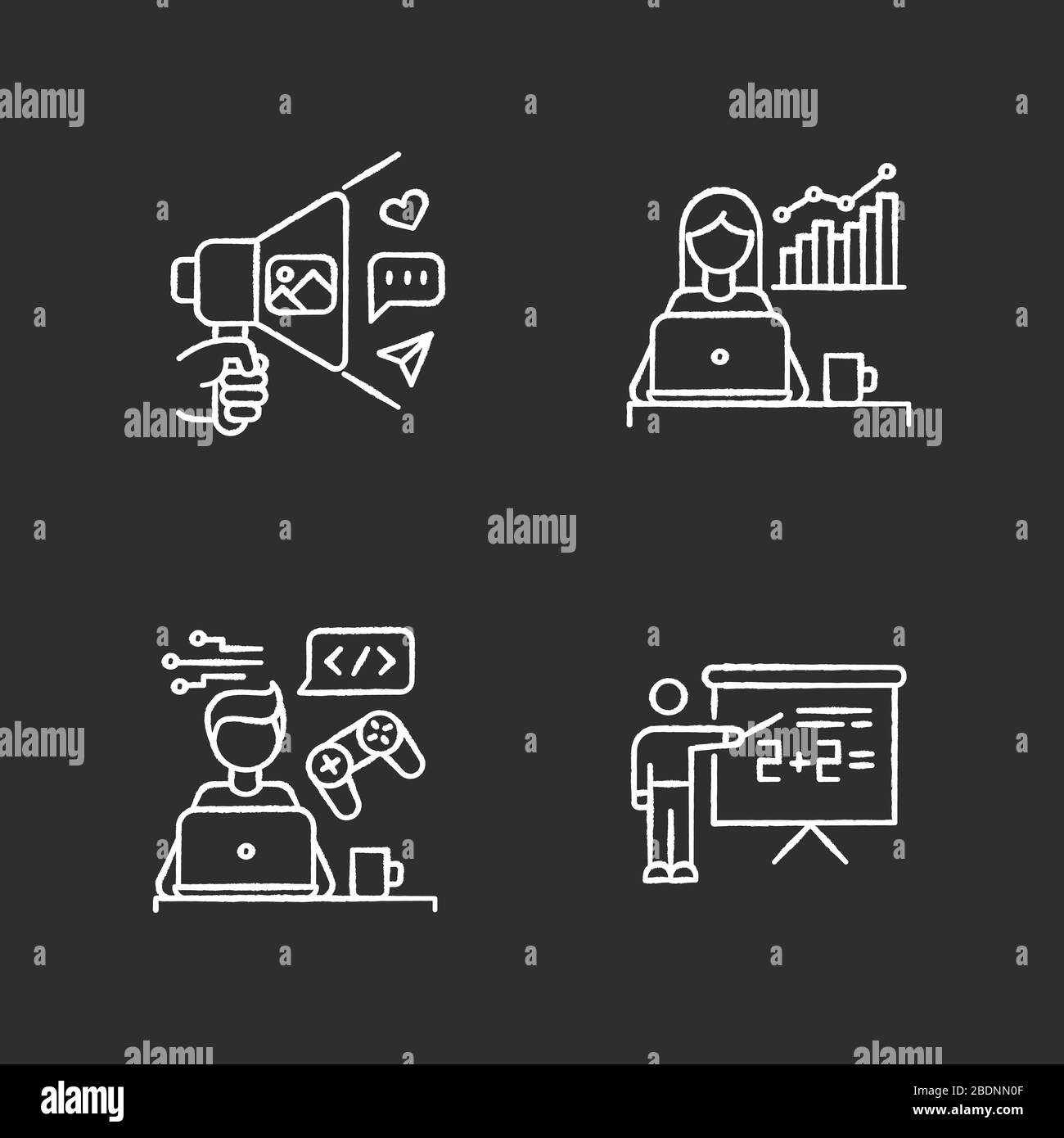 Freie Berufe kreideweiße Ikonen setzen auf schwarzen Hintergrund. Marketologist und Social Media Coordinator. Business Promotion und Home Education Stock Vektor