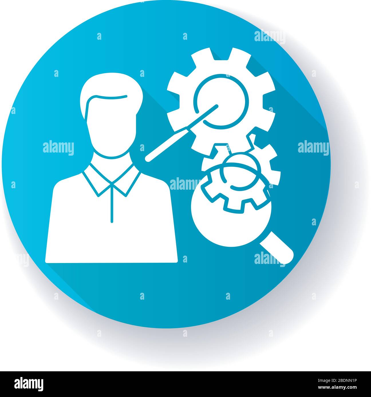 Leistungsbeurteilung blaues flaches Design mit langer Schatten-Glyphe. Bewertung der Arbeitseffizienz, Bewertung der Mitarbeitereffektivität. Workflow-Optimierung, Zeit Stock Vektor