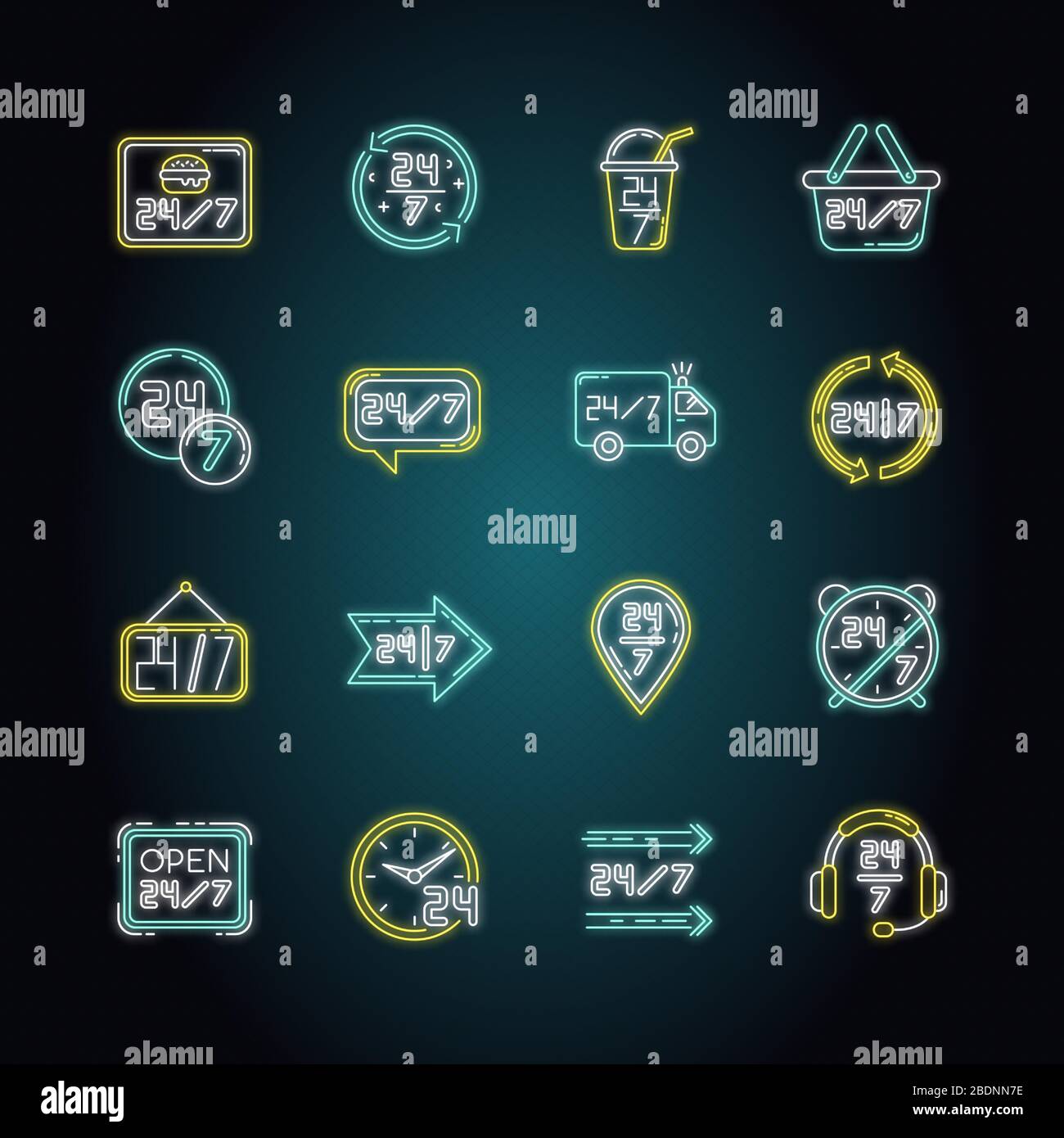 7-Stunden-Service, Neon Light Icons Set. Burger Café den ganzen Tag geöffnet. 24 Stunden verfügbare Lieferung. Rund um die Uhr Helpline. Schilder mit Außenleuchten Stock Vektor