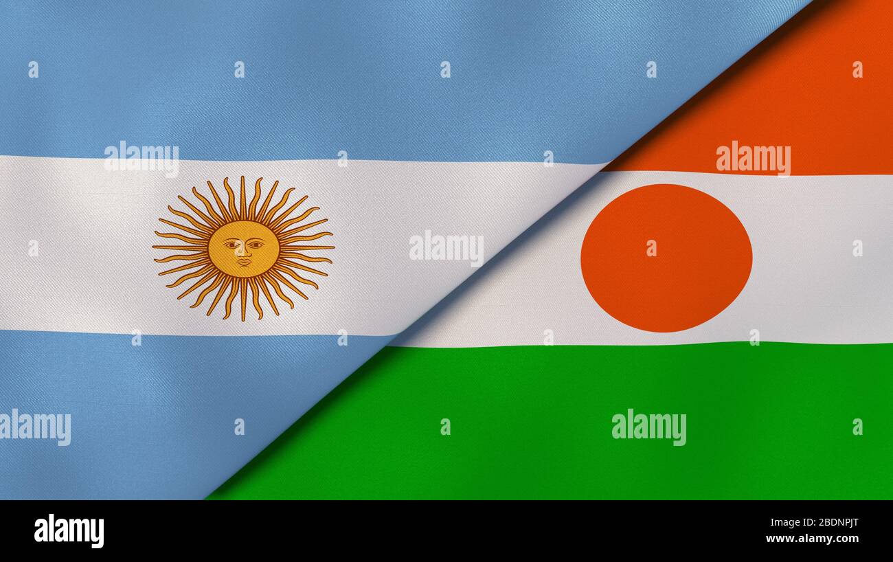 Zwei Staaten Flaggen Argentiniens und Nigers. Hochwertiger Geschäftshintergrund. 3D-Abbildung Stockfoto