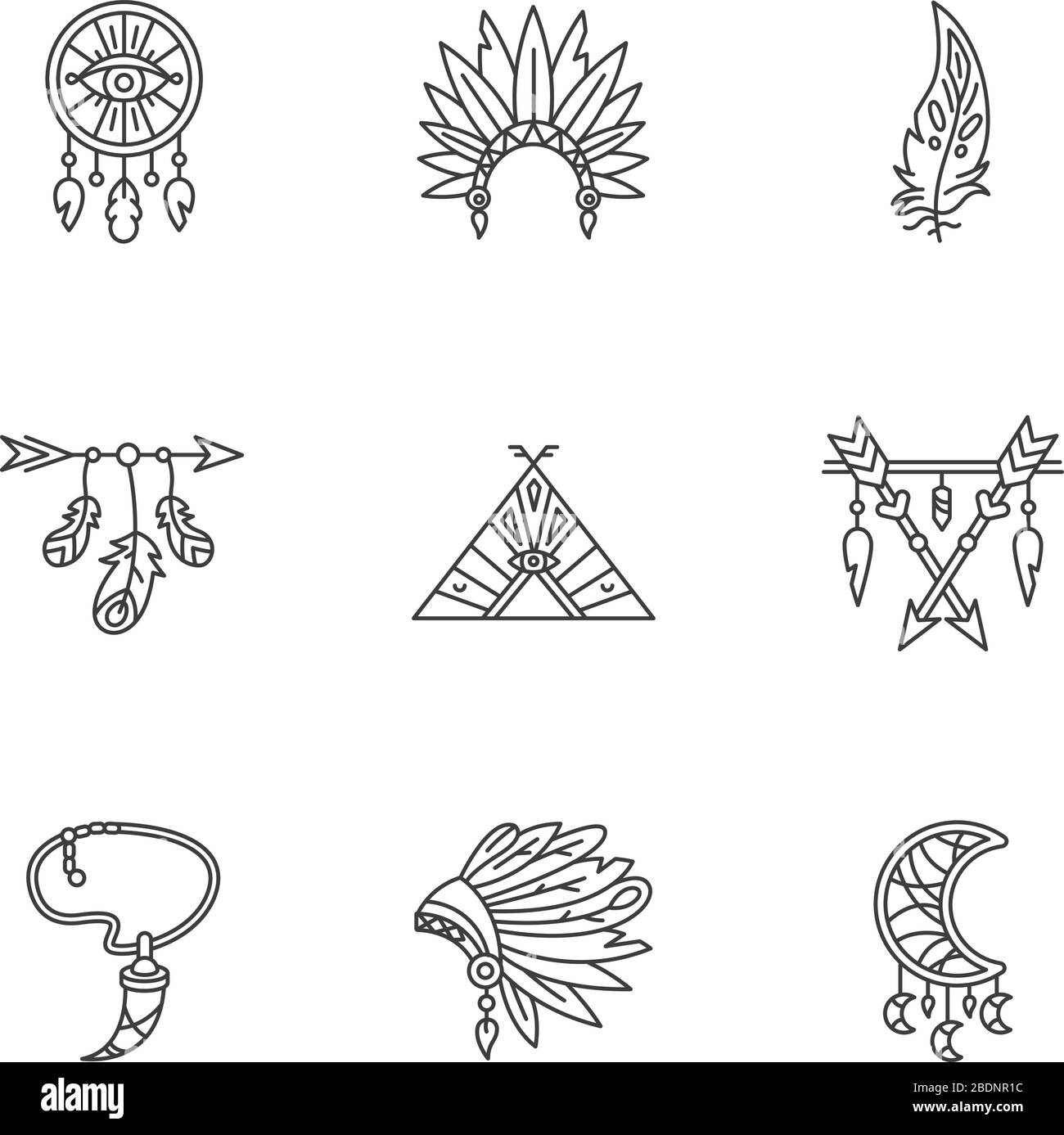 Natives indianisches Zubehör Pixel perfekte lineare Symbole gesetzt. Stamm-Hut und Teepee. Anpassbare Kontursymbole mit dünnen Linien. Isolierter Vektor Stock Vektor