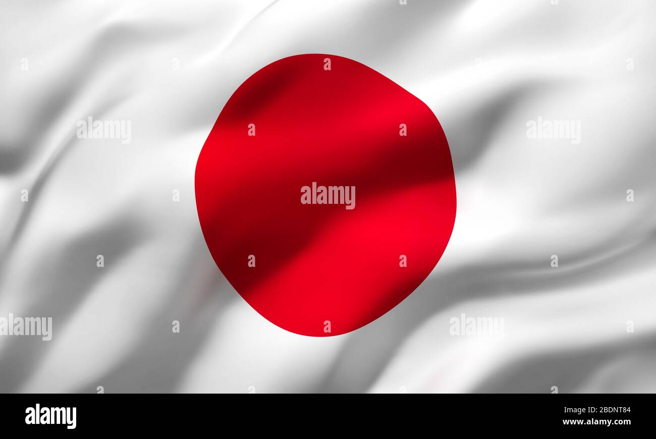 Flagge Japans, die im Wind weht. Ganzseitige japanische Flagge. 3D-Abbildung. Stockfoto