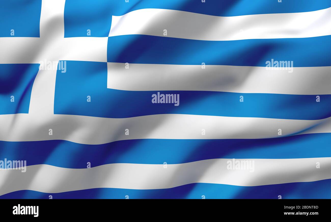 Flagge Griechenlands im Wind weht. Ganzseitige griechische Flagge. 3D-Abbildung. Stockfoto