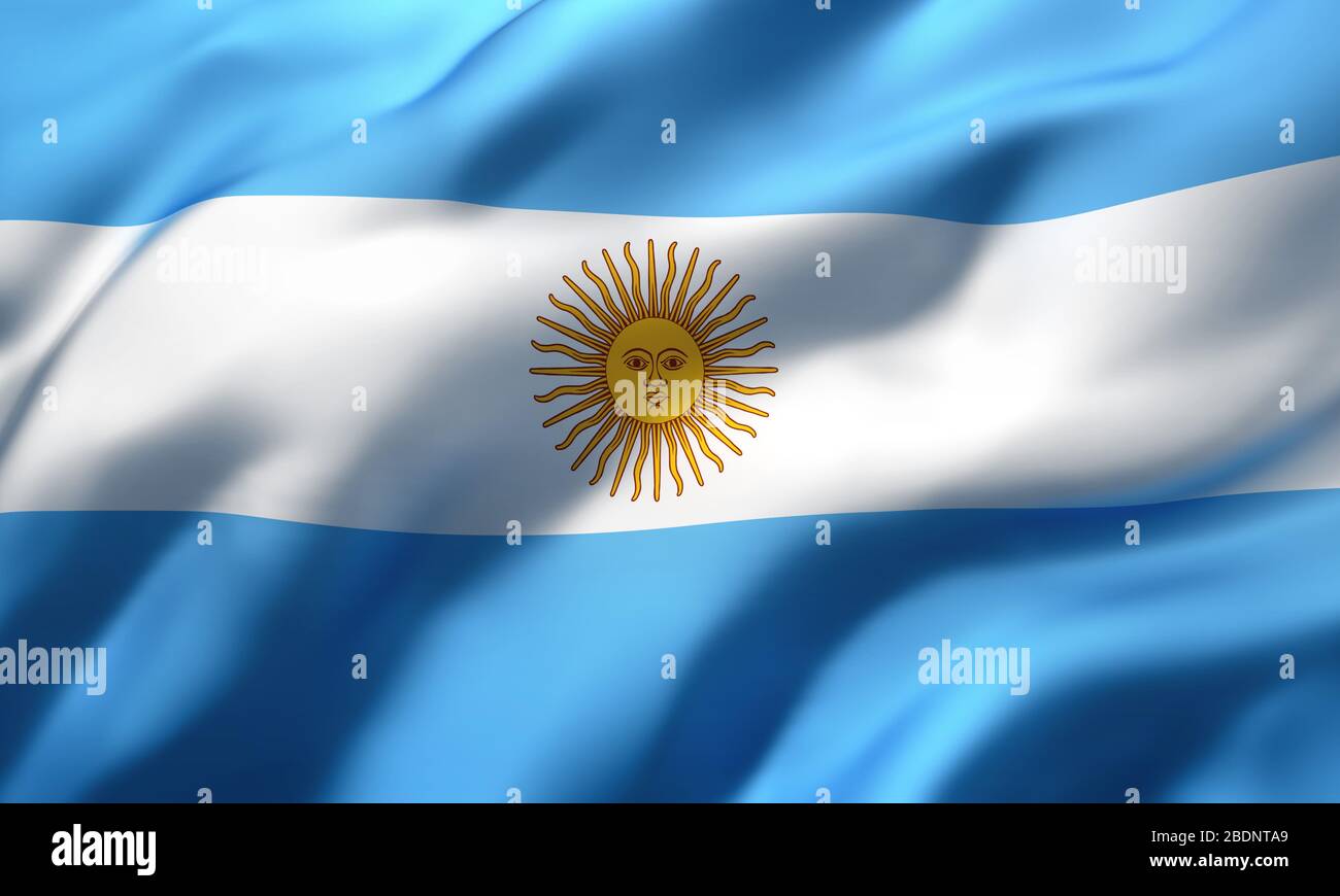 Flagge Argentiniens, die im Wind weht. Vollständige argentinische Flagge. 3D-Abbildung. Stockfoto