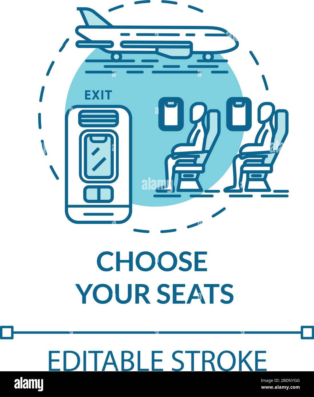 Wählen Sie das Symbol für das Sitzkonzept aus. Flugtickets buchen Idee Thin Line Illustration. Karte mit Stühlen für den Personenverkehr. Anreise mit dem Flugzeug. Vektor Stock Vektor