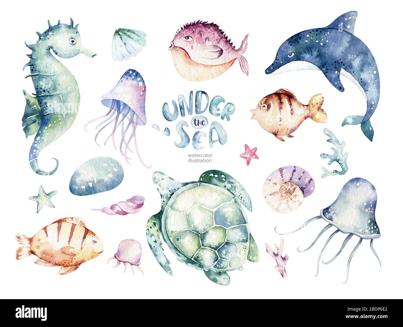 Satz von Meerestieren. Blau aquarell Ozean Fisch, Schildkröte, Wal und Korallen. Shell aquarium Hintergrund. Nautische Dolphin Marine Abbildung, Quallen, s Stockfoto