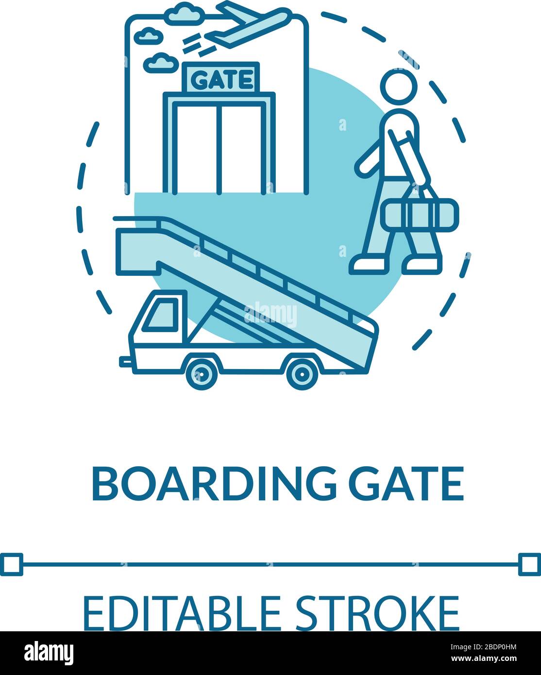 Symbol für das Konzept des Fluggastes. Flughafen-Terminal. Flugzeugabflug Idee dünne Linie Illustration. Wartebereich. Flugzeugeintritt, Düsenbrücke. Vektor Stock Vektor