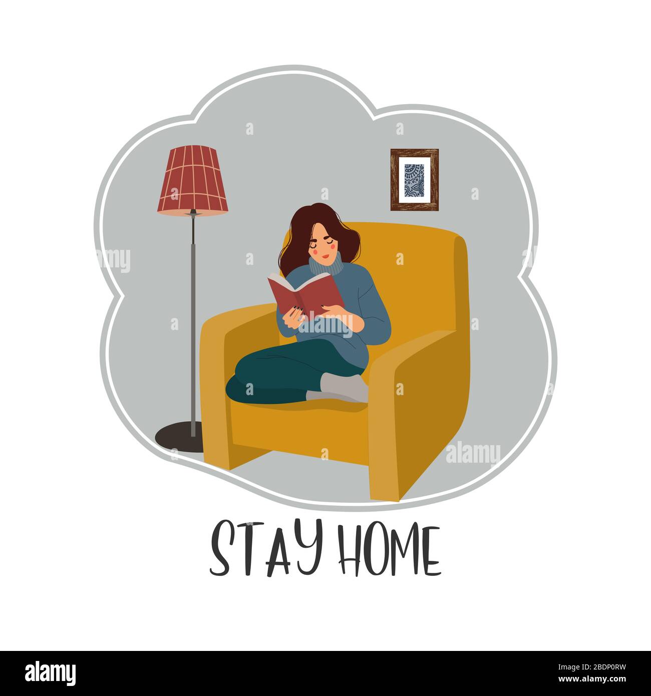 Bleib zu Hause. Mädchen sitzt auf einem Stuhl und liest ein Buch in einer Wohnung. Vektorgrafik flach. Stock Vektor