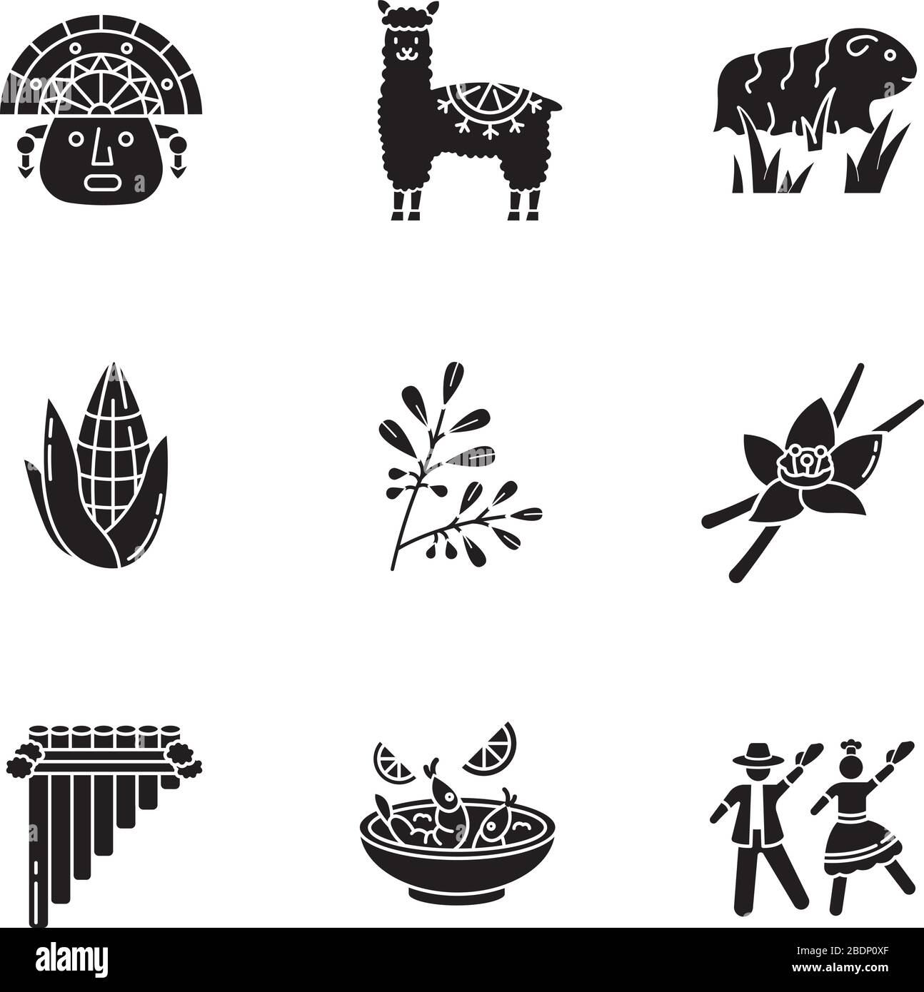 Peru schwarze Glyph-Symbole auf dem weißen Raum. Hispanische Geschichte, Traditionen, Küche. Inka, Alpaka, Meerschweinchen, Mais, Koka, Vanille, Ceviche, Marinera Stock Vektor