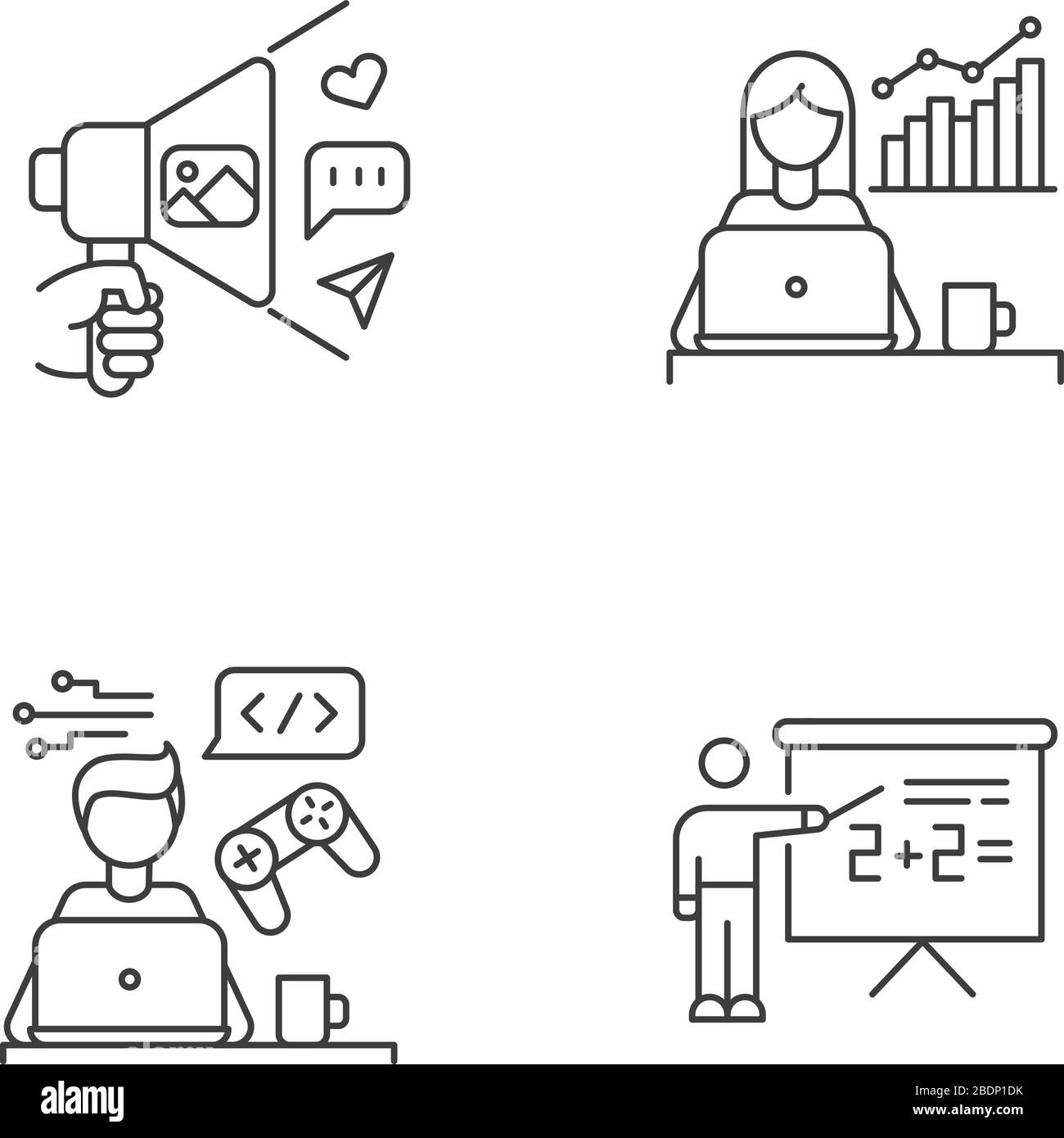 Freelance Professionals Pixel Perfect Linear Icons Set. Business Promotion und Home Education. Anpassbare Kontursymbole mit dünnen Linien. Isolierter Vektor Stock Vektor