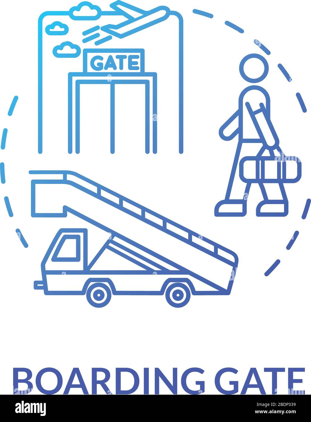 Symbol für das Konzept des Fluggastes. Flughafen-Terminal. Flugzeugabflug Idee dünne Linie Illustration. Wartebereich. Flugzeugeintritt. Vektor-isolierter Umriss Stock Vektor