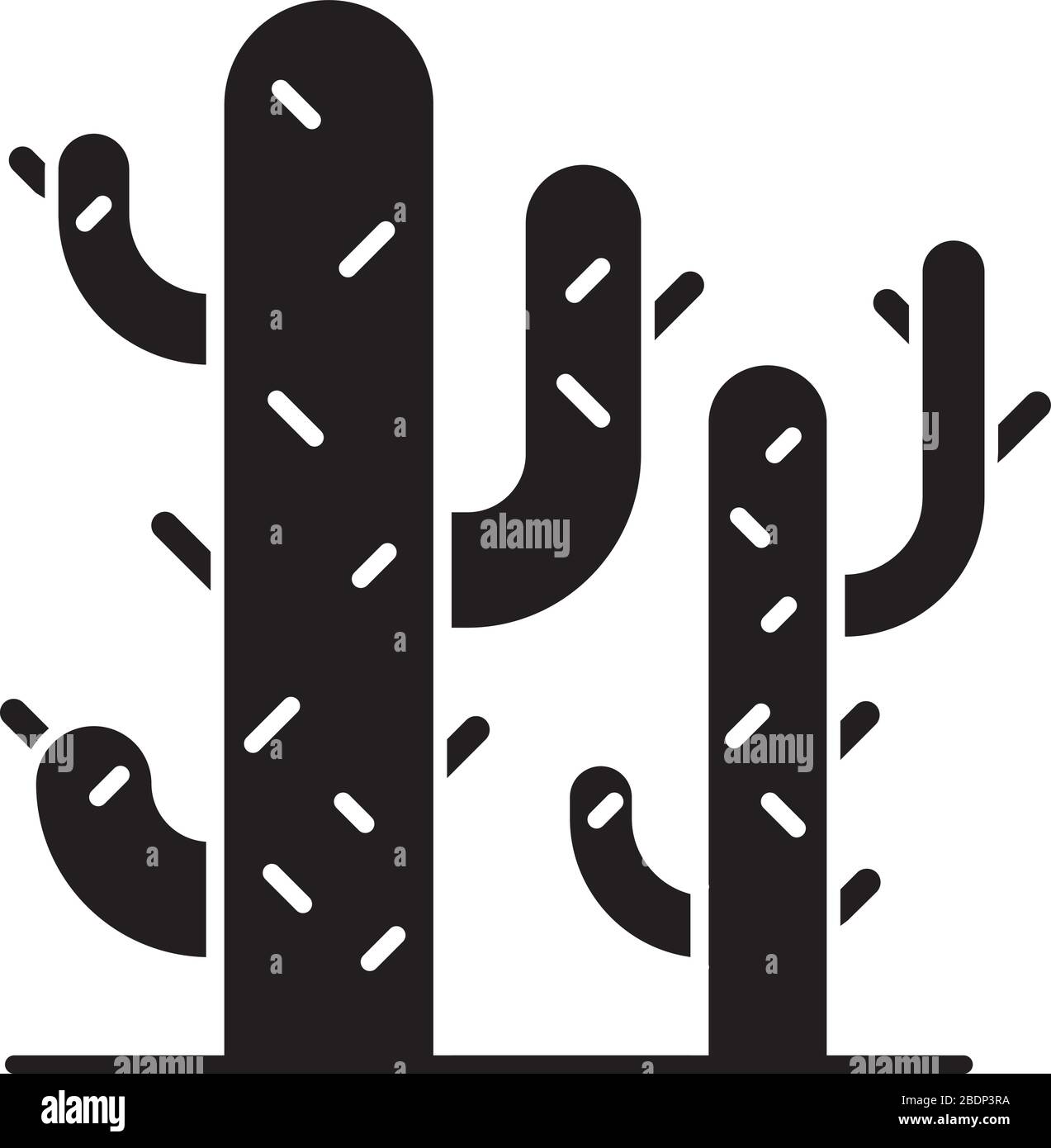 Symbol für schwarze Glyphe der Kakteen. Wüstenpflanzen. Saguaro Kaktus. Stacheliger Baum wie saftig. Amerikanische aride Gegend dornige Wildblume. Silhouettensymbol auf weiß Stock Vektor