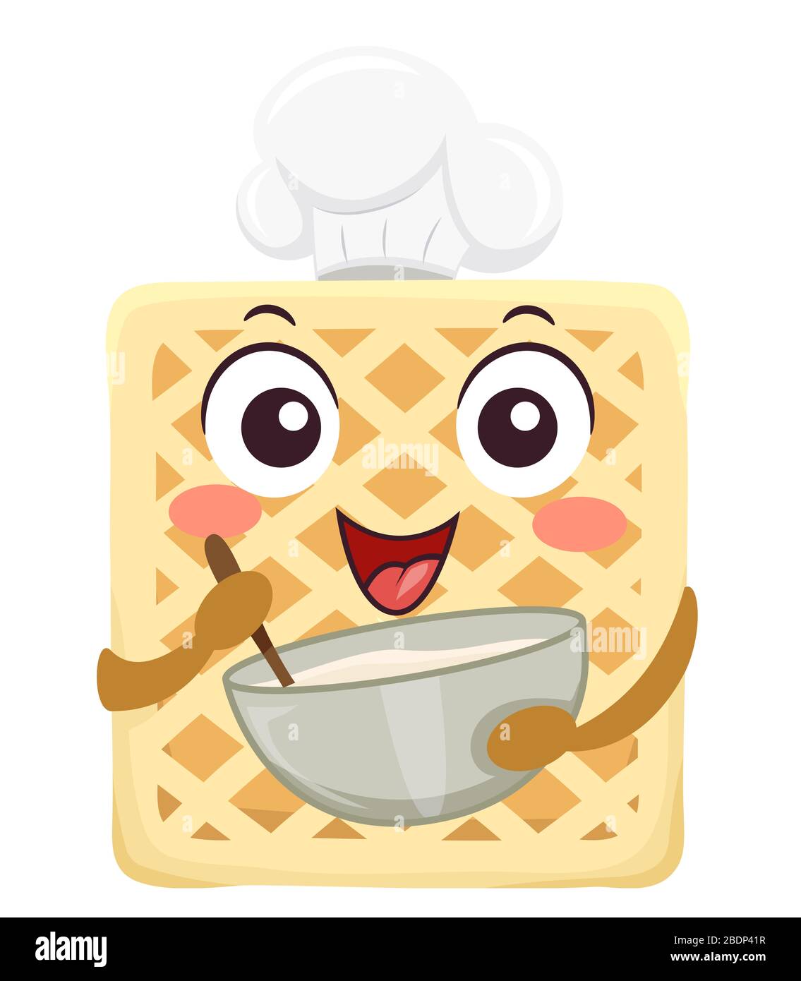 Abbildung: Waffelmaskottchen mit Kochmütze und Mehl auf einer Schüssel Stockfoto