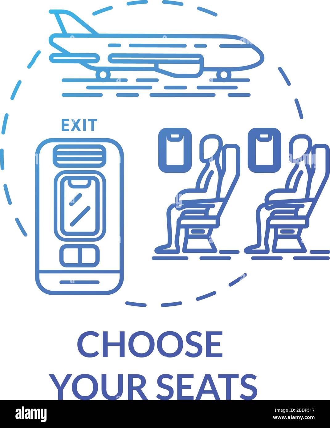 Wählen Sie das Symbol für das Sitzkonzept aus. Flugtickets buchen Idee Thin Line Illustration. Sitzplan für den Personenverkehr. Anreise mit dem Flugzeug. Vektor Stock Vektor