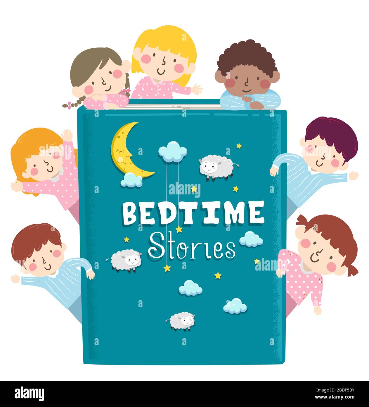 Abbildung: Kinder, die Schlafanzüge tragen und ein großes Buch mit Schlafensgeschichten halten Stockfoto