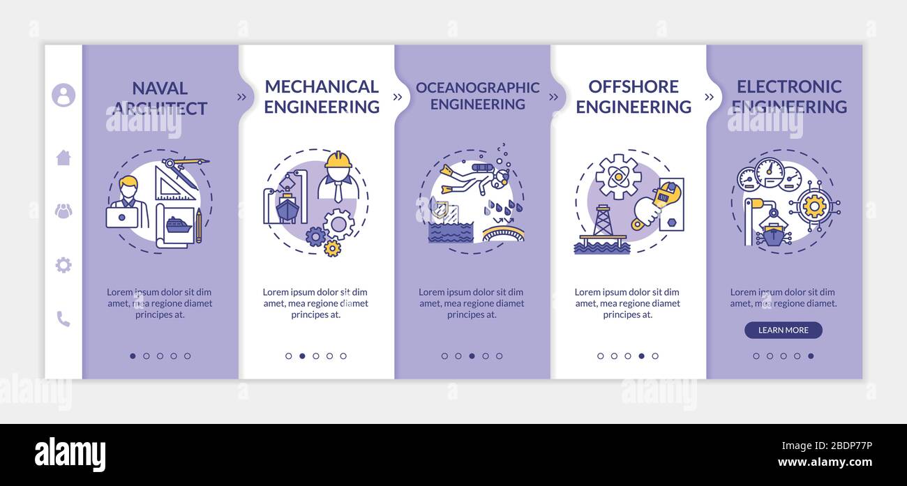 Marine Engineering Onboarding Vector Vorlage. Offshore-Ölbohrplattform-Struktur. Reparatur von Bootsmaschinen. Reaktionsschnelle mobile Website mit Symbolen. Webseite Stock Vektor