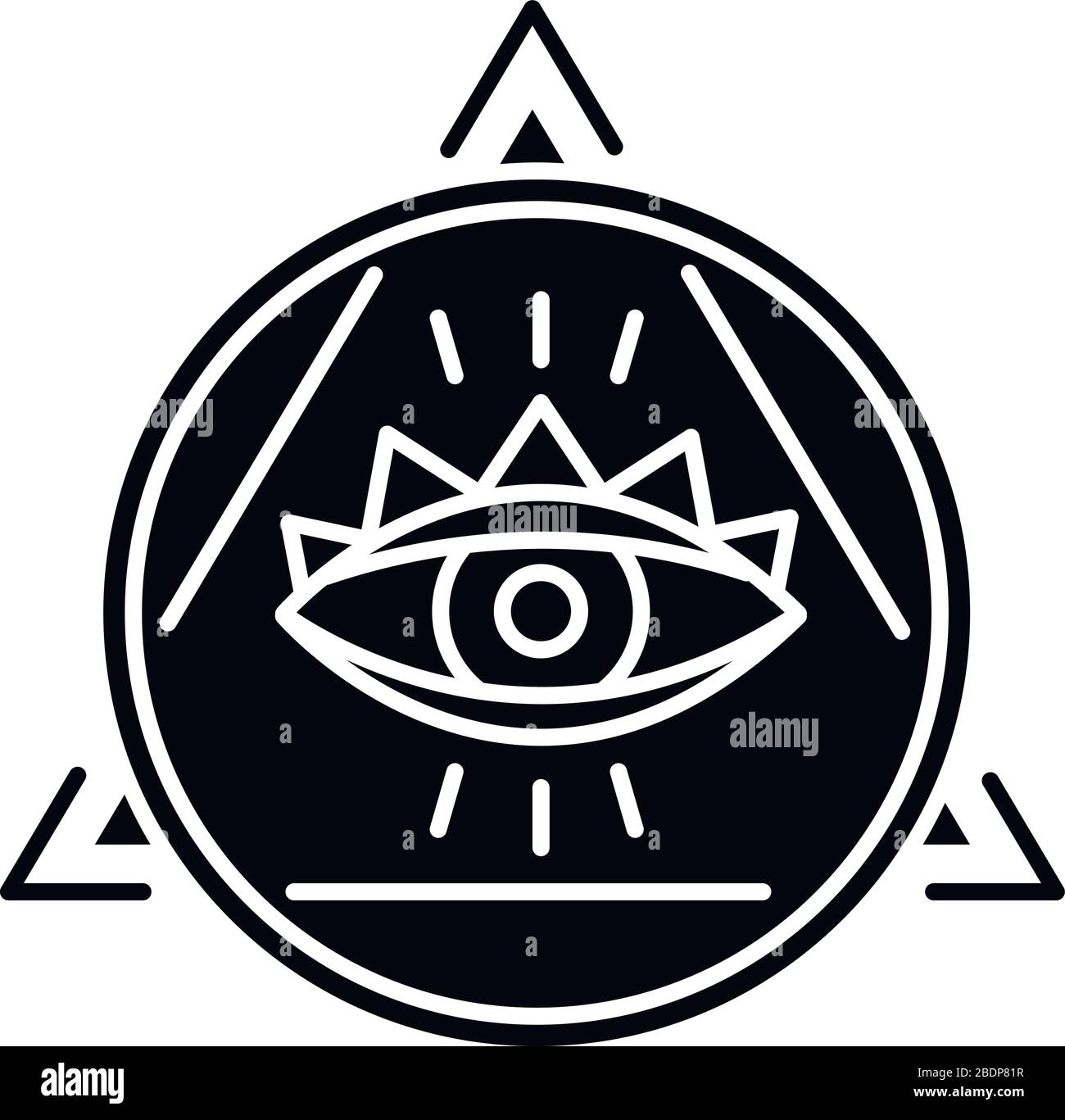 "Eye of Providence"-Symbol für schwarze Glyphe. Okkultes Symbol. Alle sehenden Augen mit Kreis und Dreieck, geheimnisvoller Talisman. Esoterisches Zeichen. Silhouettensymbol ein Stock Vektor