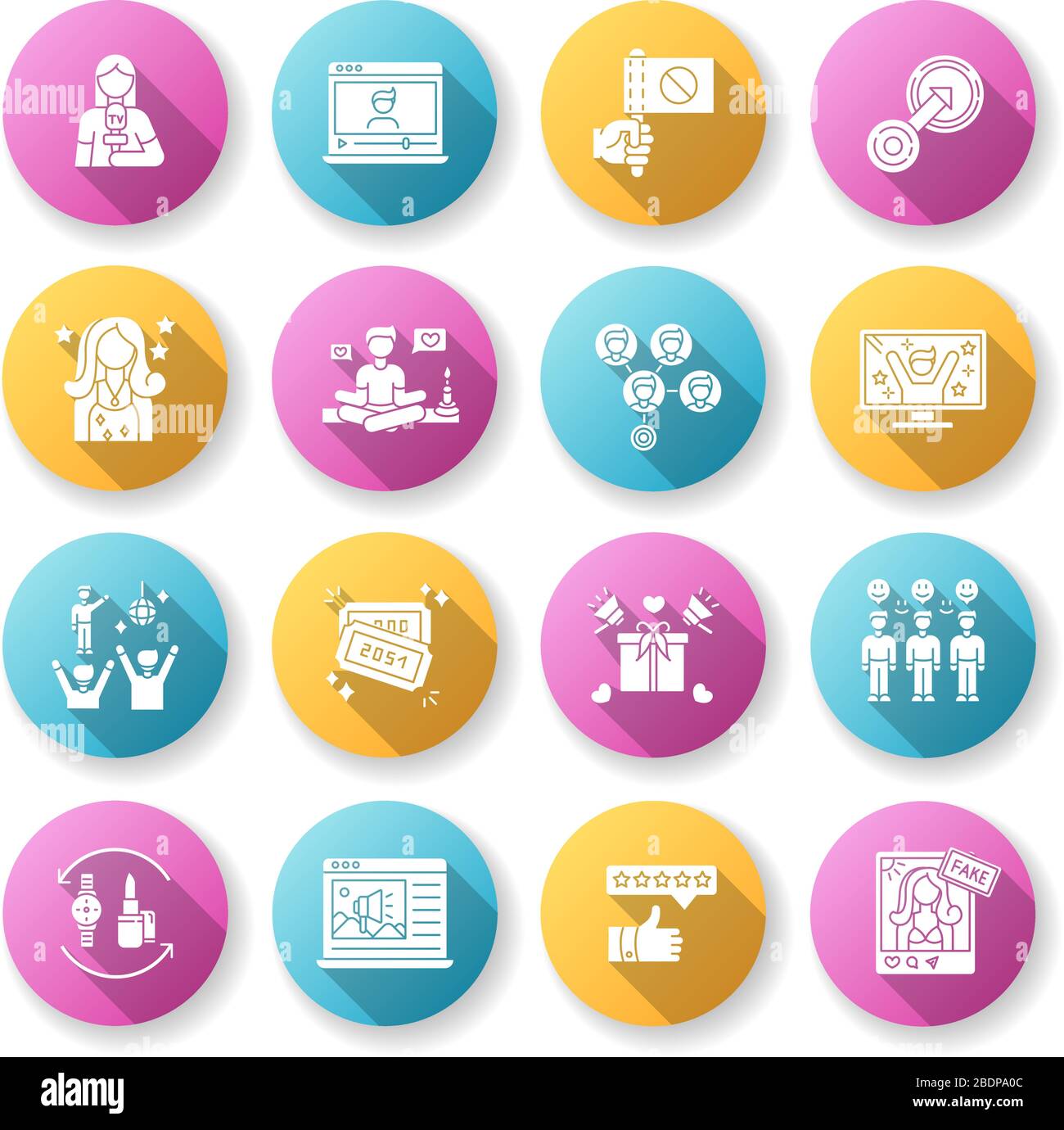 Social Media-Werbung flaches Design mit langen Schatten-Glyphe-Symbolen. Tauschhandel mit Produkten. Masseneffekt. Native Integration. Zielmarketing. Lifestyle Stock Vektor