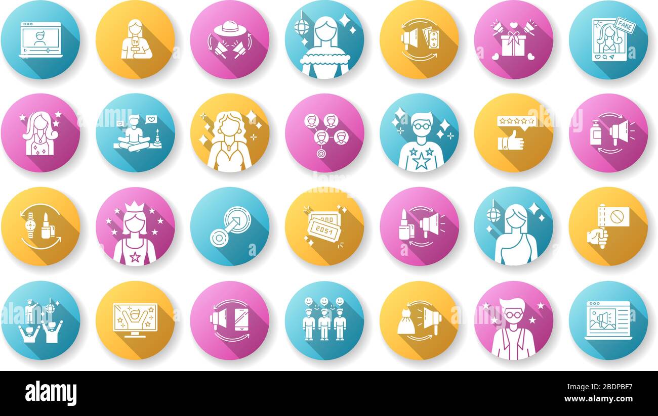 Social Media-Werbung flaches Design mit langen Schatten-Glyphe-Symbolen. Digitales Marketing mit Einflussnehmern. Produktangebot. Treues Publikum. Top-Review Stock Vektor