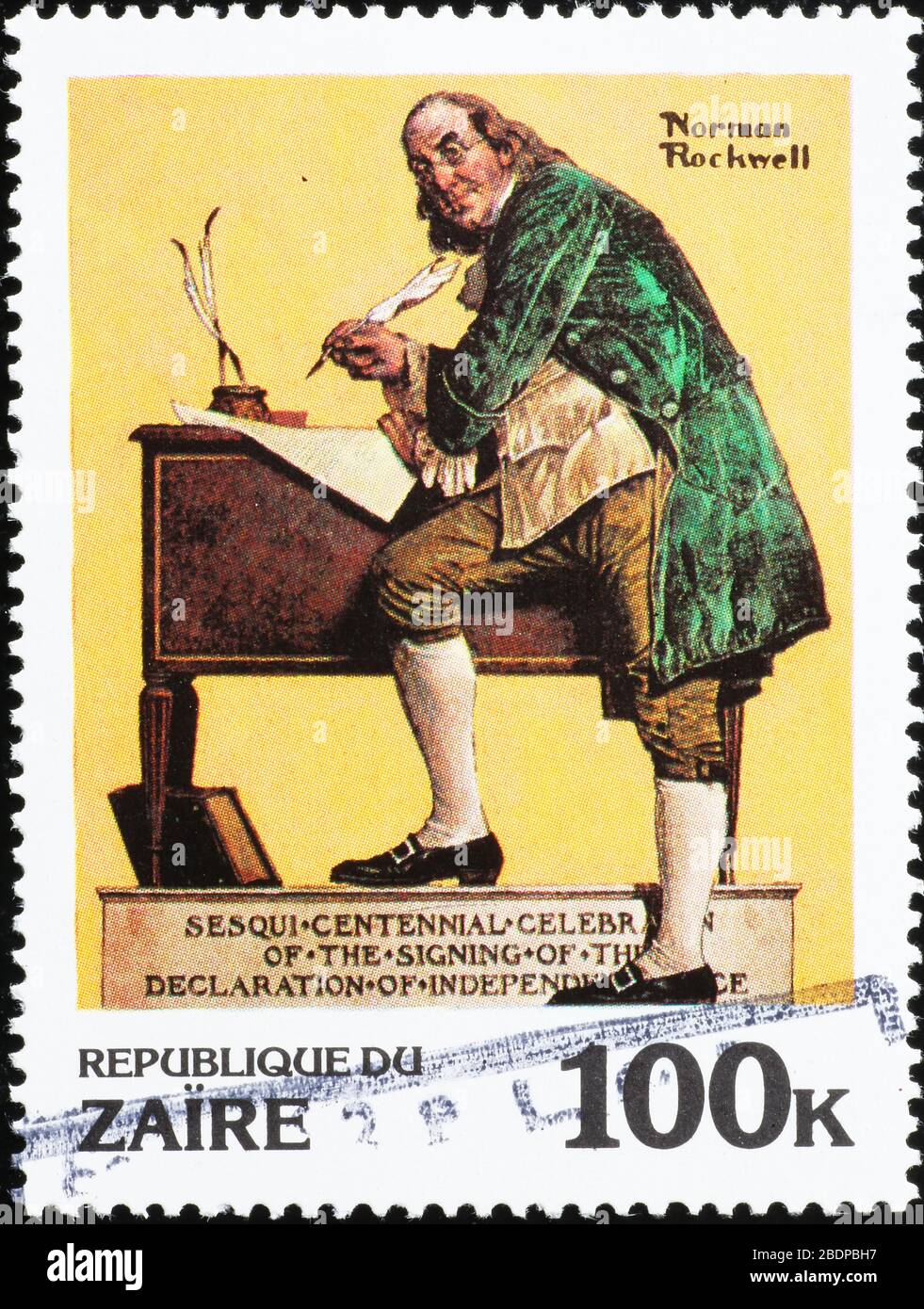 Benjamin Franklin unterzeichnet Unabhängigkeitserklärung, Illustration von Norman Rockwell Stockfoto