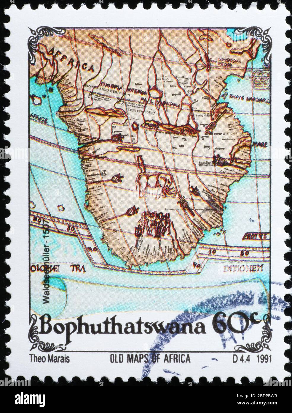 Antike Landkarte des südlichen Afrika auf Briefmarke Stockfoto