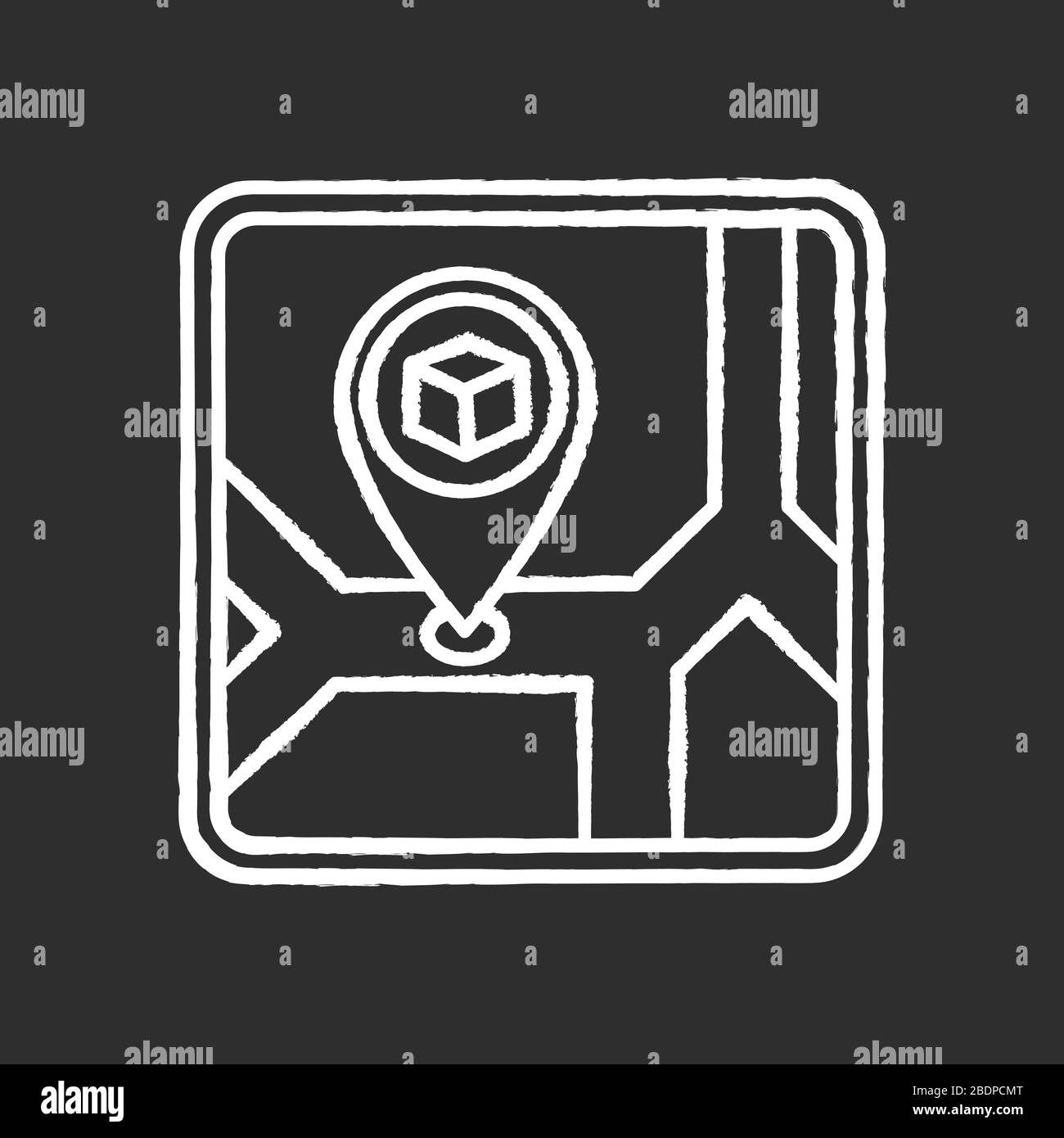 Aufbewahrungsort Kreide weißes Symbol auf schwarzem Hintergrund. Lagerstandort, Adresse des Lagerhauses. Zielort, Navigation, Lagerraum auf Stadtplan Stock Vektor