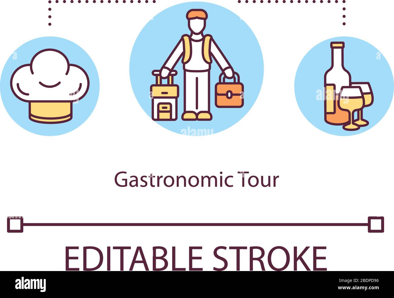 Symbol für gastronomisches Reisekonzept. Lokale traditionelle Küche. Reisen Sie, um Gourmet-Mahlzeit zu probieren. Food Tour Idea Thin Line Illustration. Vektor-isolierter Umriss Stock Vektor