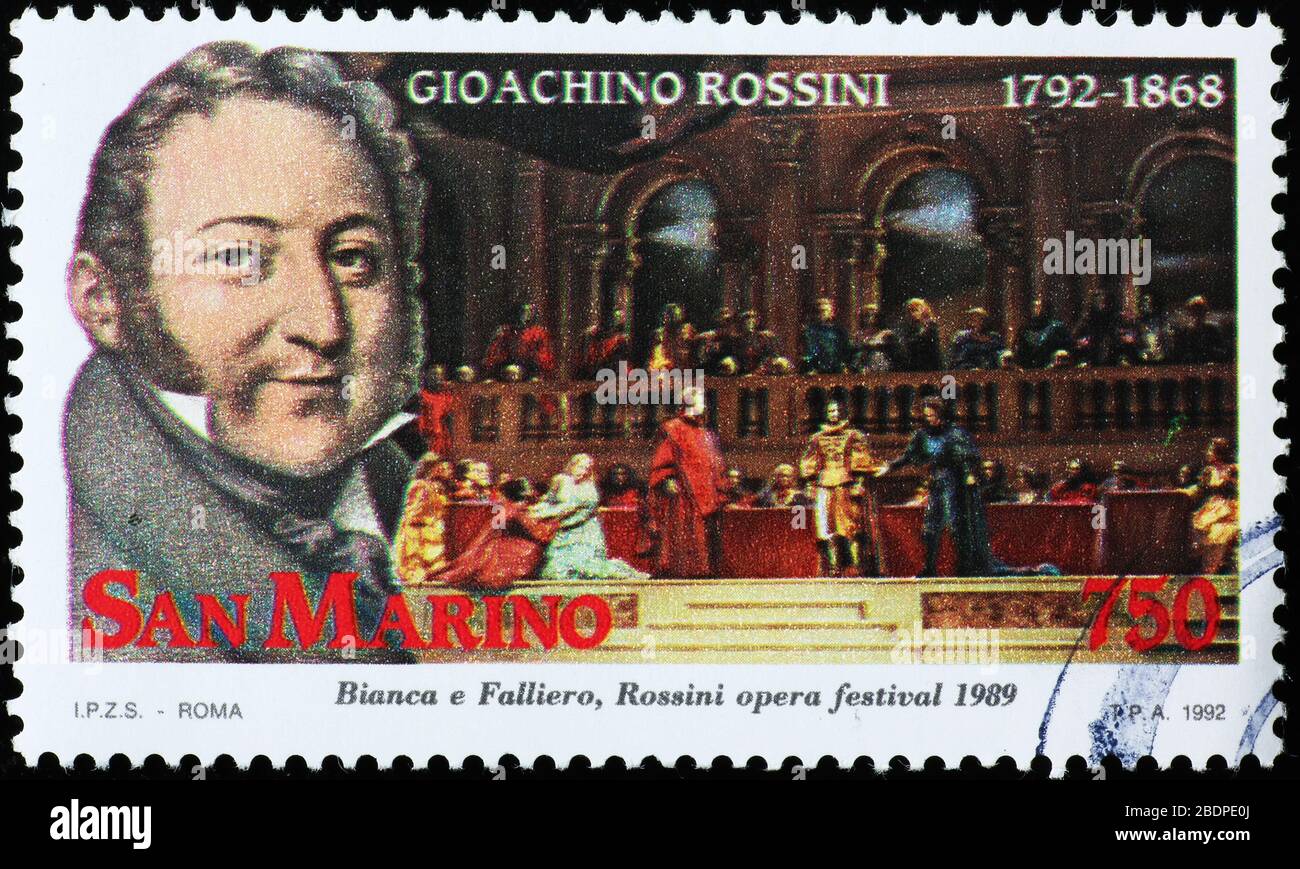 Porträt von Gioacchino Rossini auf italienischer Briefmarke Stockfoto