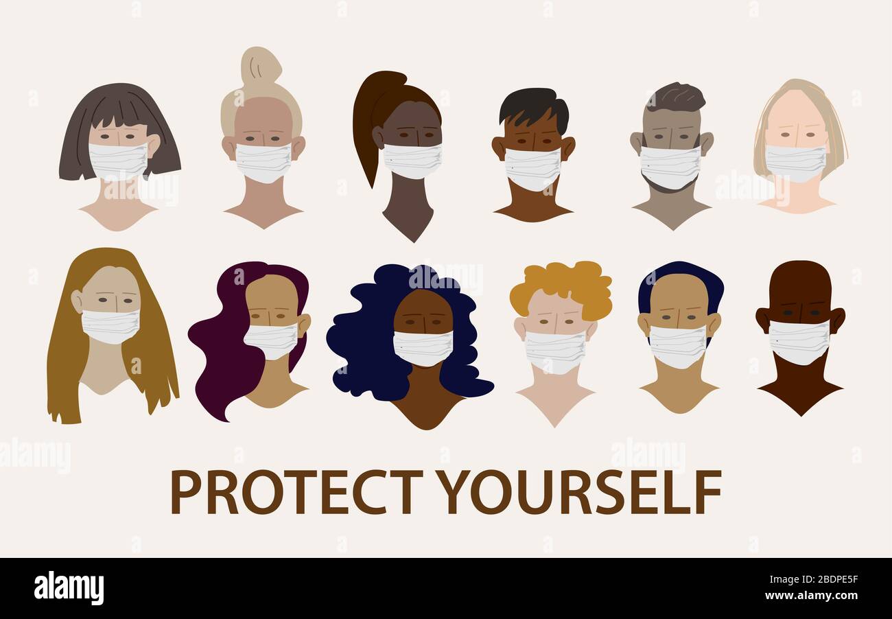 Set von verschiedenen multinationalen menschlichen Gesichtern in schützenden medizinischen Masken. Vektorgrafik. Alle Objekte werden gruppiert und isoliert. Die Inschrift 'prot Stockfoto