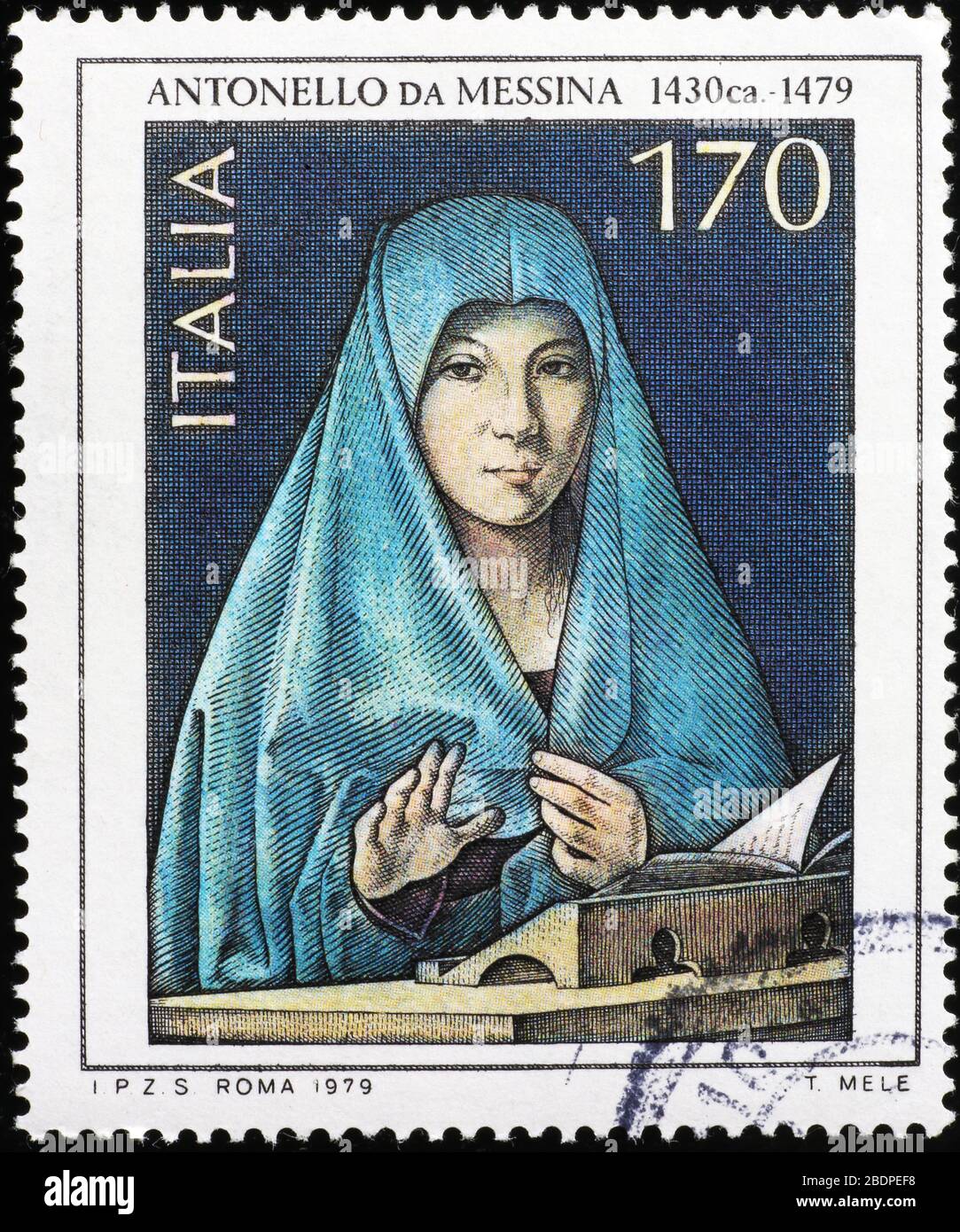 Die Jungfrau Annunciate von Antonello da Messina auf italienischer Briefmarke Stockfoto