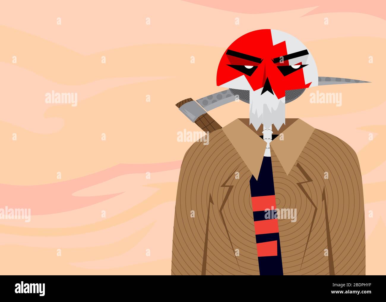 Moderner Dämonen-Zeichentrickfigur. Vector illustrierte Grim Reaper, Personifikation des Todes mit einem großen Schythe auf dem Rücken. Stock Vektor