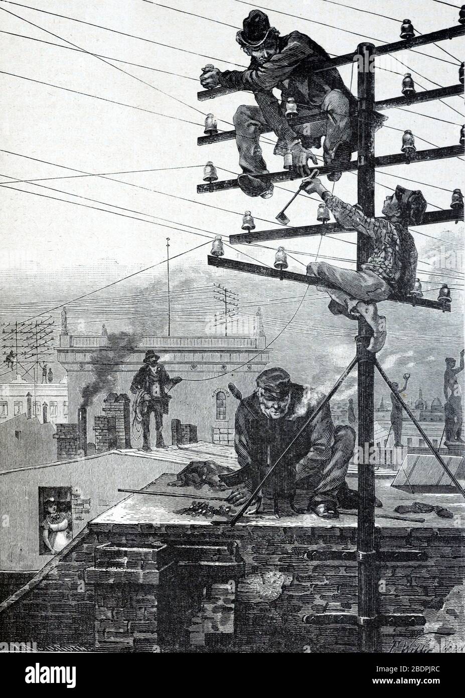 Elektriker oder Telefoningenieure Installation früher Telefonmasten oder Strommasten & Drähte in Berlin Deutschland. Vintage oder Alte Illustration oder Gravur 1866 Stockfoto