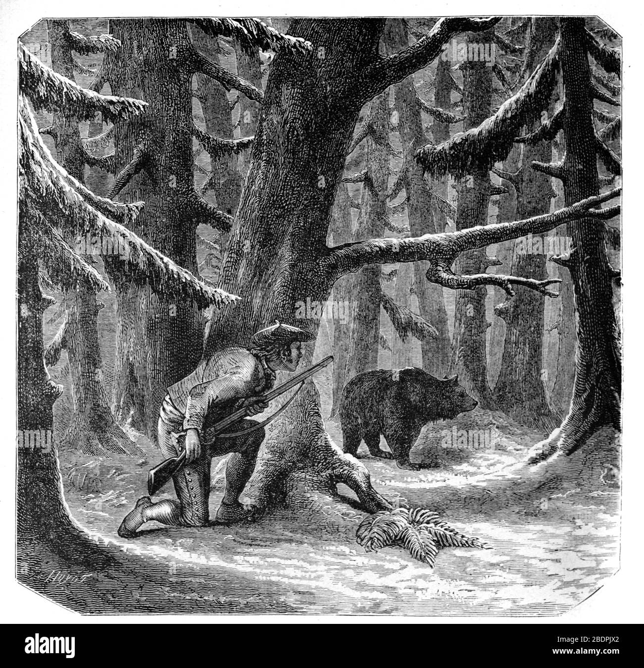 Braunbär Jagd & Jäger in den Pyrenäen Frankreich oder Spanien. Vintage oder Alte Illustration oder Gravur 1886 Stockfoto