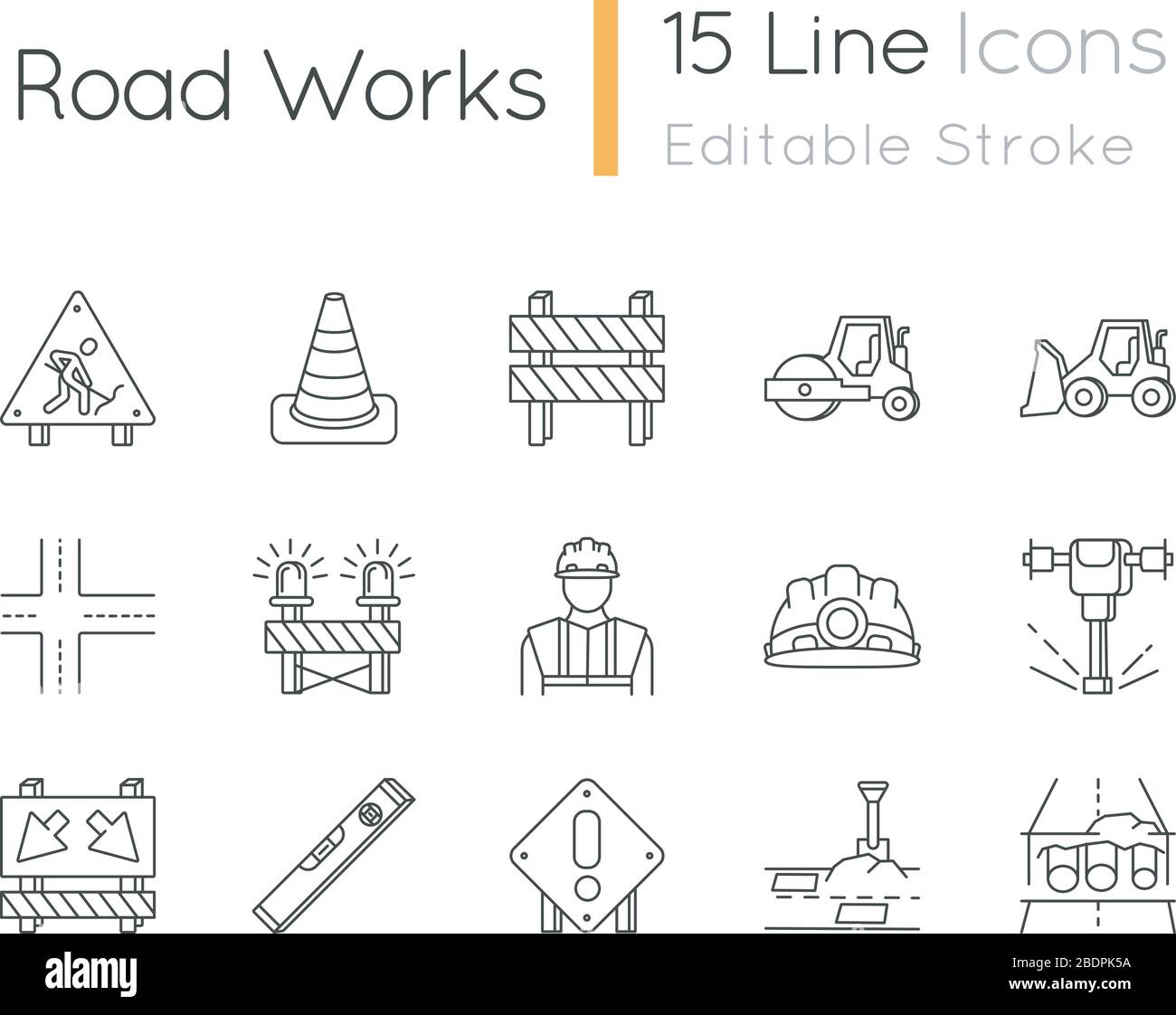 Road Works Pixel perfekte lineare Symbole festgelegt. Straßenschild für den Bau. Arbeiter im Sicherheitshelm. Anpassbare Kontursymbole mit dünnen Linien. Isolierter Vektor Stock Vektor