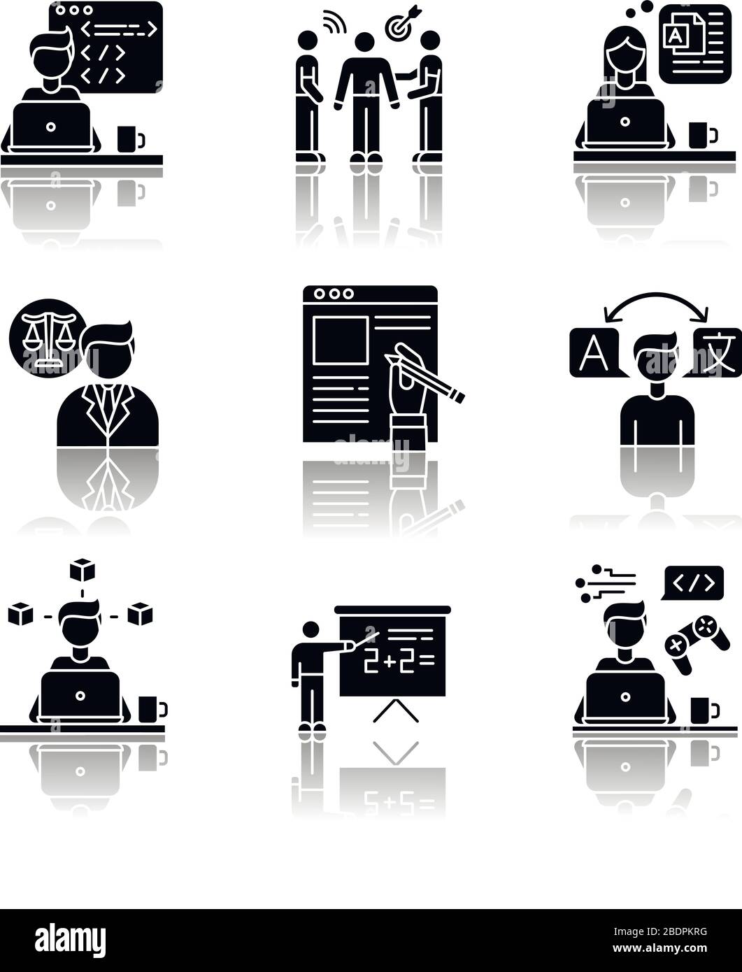 Freiberufliche Jobs setzen schwarze Glyph-Symbole in den Schatten. Design, Übersetzung, Lehre, Copywriting. Juristische Dienstleistungen und PR-Management, Web und Spiel Stock Vektor
