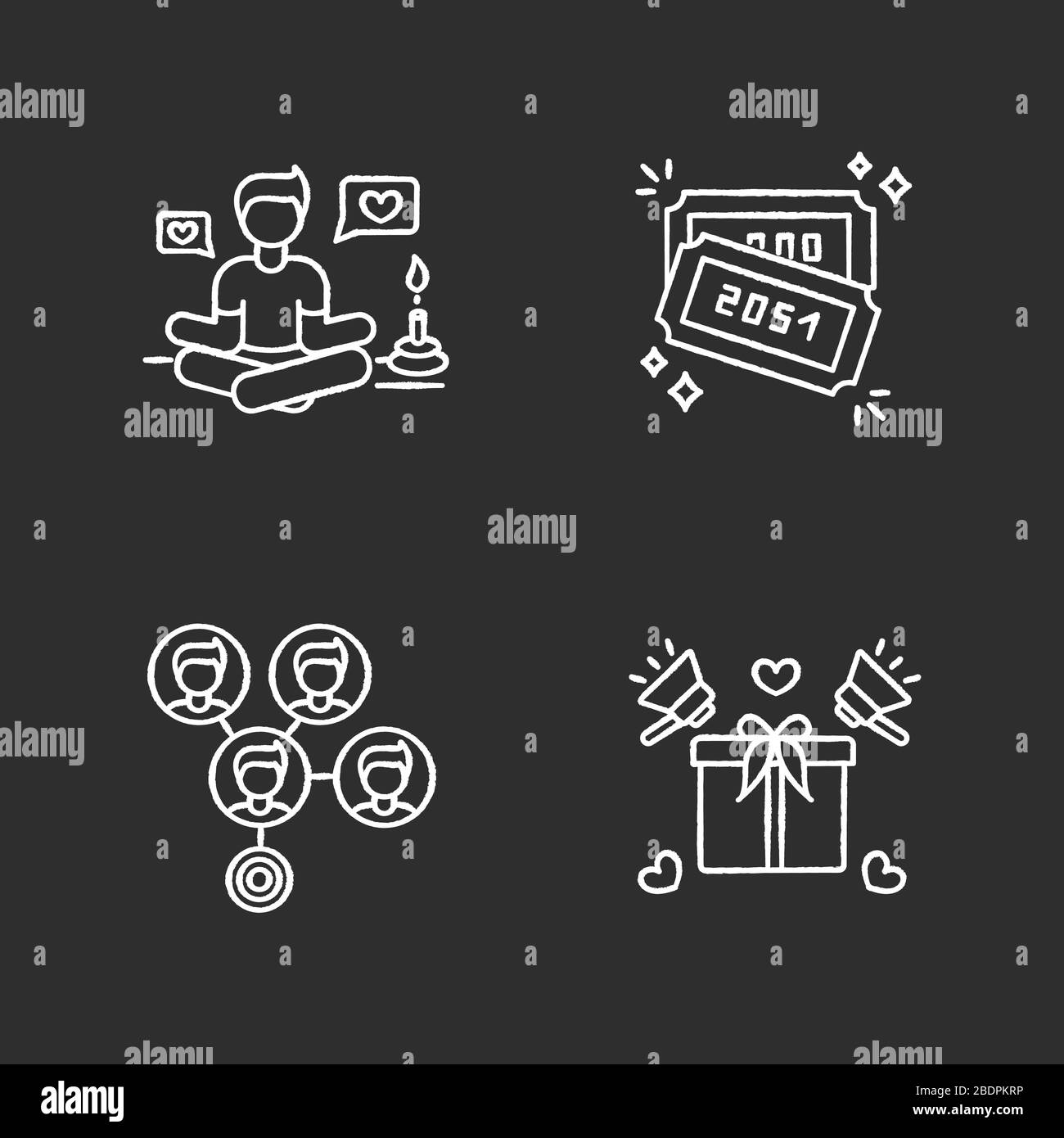 Social Media-Marketing kreideweiße Symbole auf schwarzem Hintergrund. Lifestyle-Guru. Tombola Tickets mit Nummern. Verbindung mit Masseneffekts. Produkt Stock Vektor