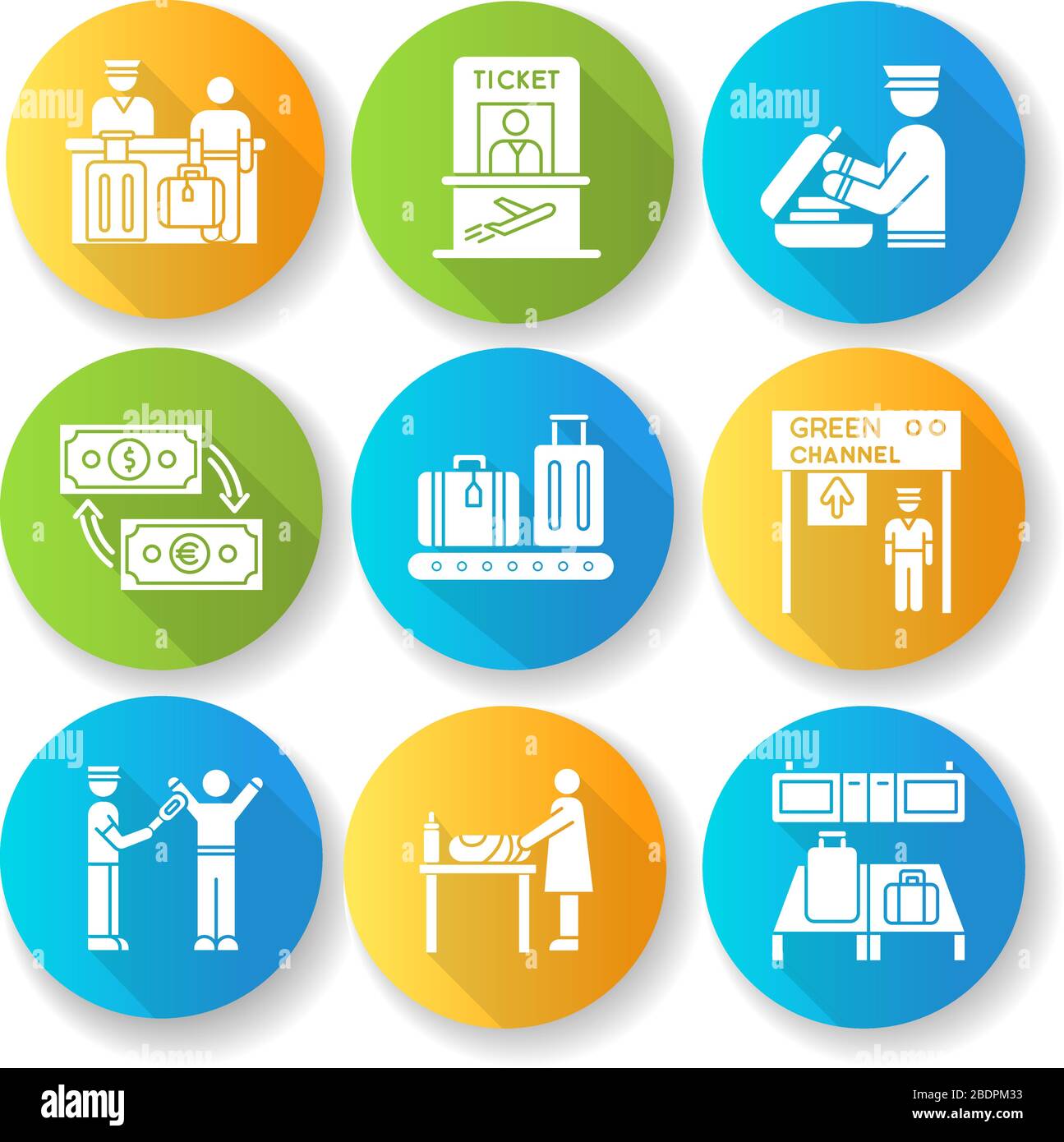 AirPort-Terminal flaches Design mit langen Schatten-Glyphe, Symbole festgelegt. Kiosk für Flugtickets. Gepäck auf Förderband. Durchgang zum Flugsteig. Bodyscan. Ändern Stock Vektor