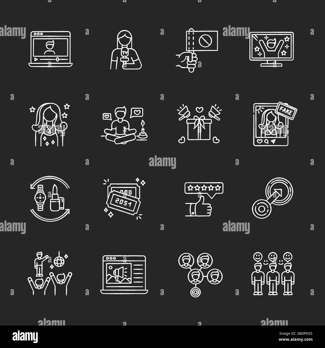 Social Media Promotion Kreide weiße Symbole auf schwarzem Hintergrund. Tauschhandel mit Produkten. Masseneffekt. Native Integration. Zielmarketing. Lifestyle Stock Vektor