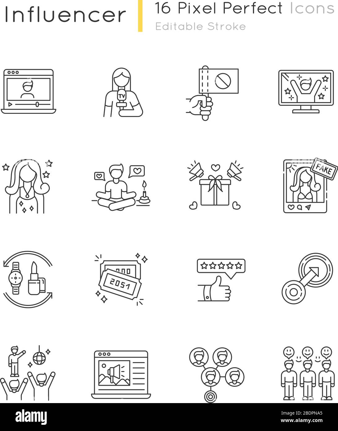 Social Media-Promotion Pixel perfekte lineare Symbole gesetzt. Tauschhandel mit Produkten. Native Integration. Anpassbare Kontursymbole mit dünnen Linien. Isolierter Vektor Stock Vektor