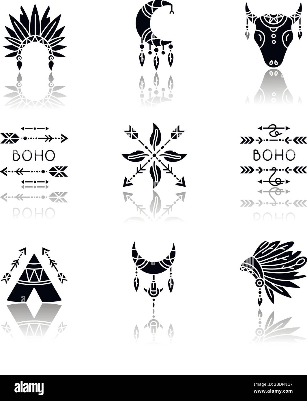 Natives amerikanisches Zubehör Schlagschatten schwarze Glyph-Symbole gesetzt. Stamm-Hut und Teepee. Boho Traumfänger Amulette. Mond, Pfeile und Federn bezaubern Stock Vektor