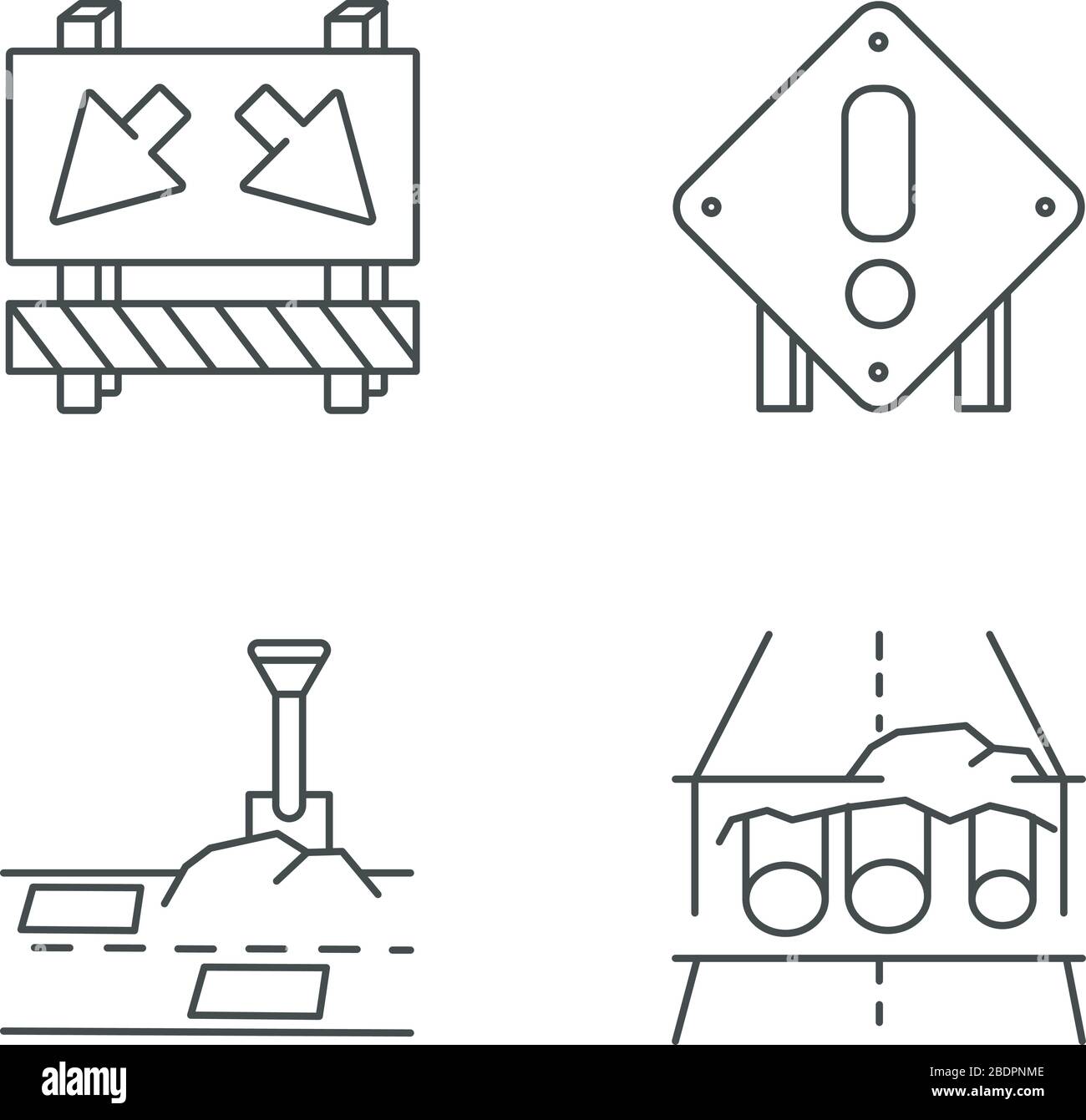 Road Works Pixel perfekte lineare Symbole festgelegt. Verkehrszeichen für Autos, um Umweg zu nehmen. Pflasterung patchen. Anpassbare Kontursymbole mit dünnen Linien. Isoliert Stock Vektor