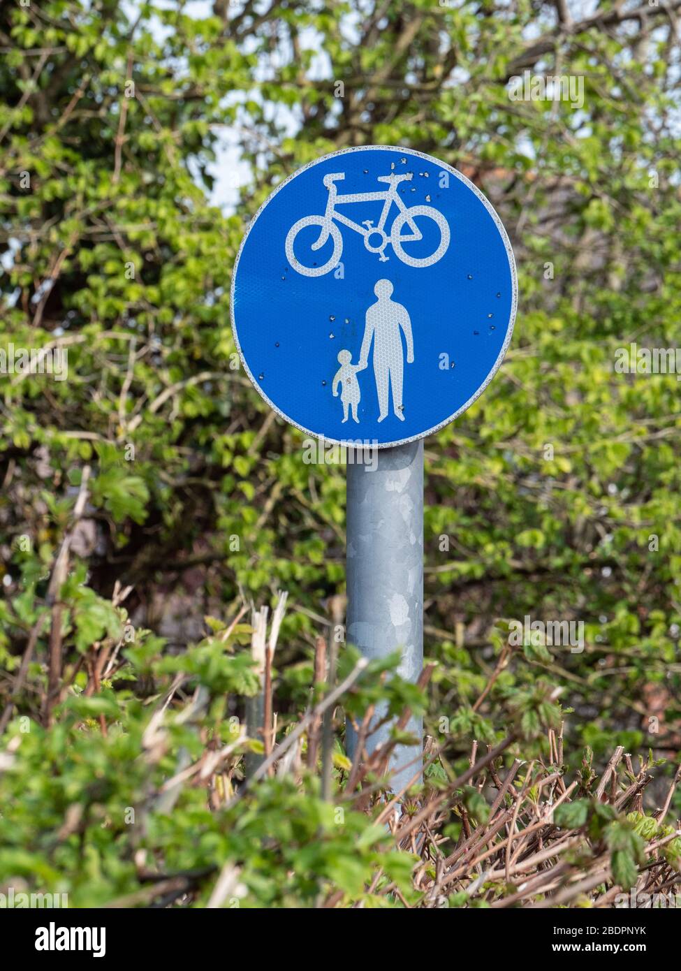 Schild auf Fußweg, der darauf hinweist, dass Radfahrer und Fußgänger erlaubt sind. Stockfoto