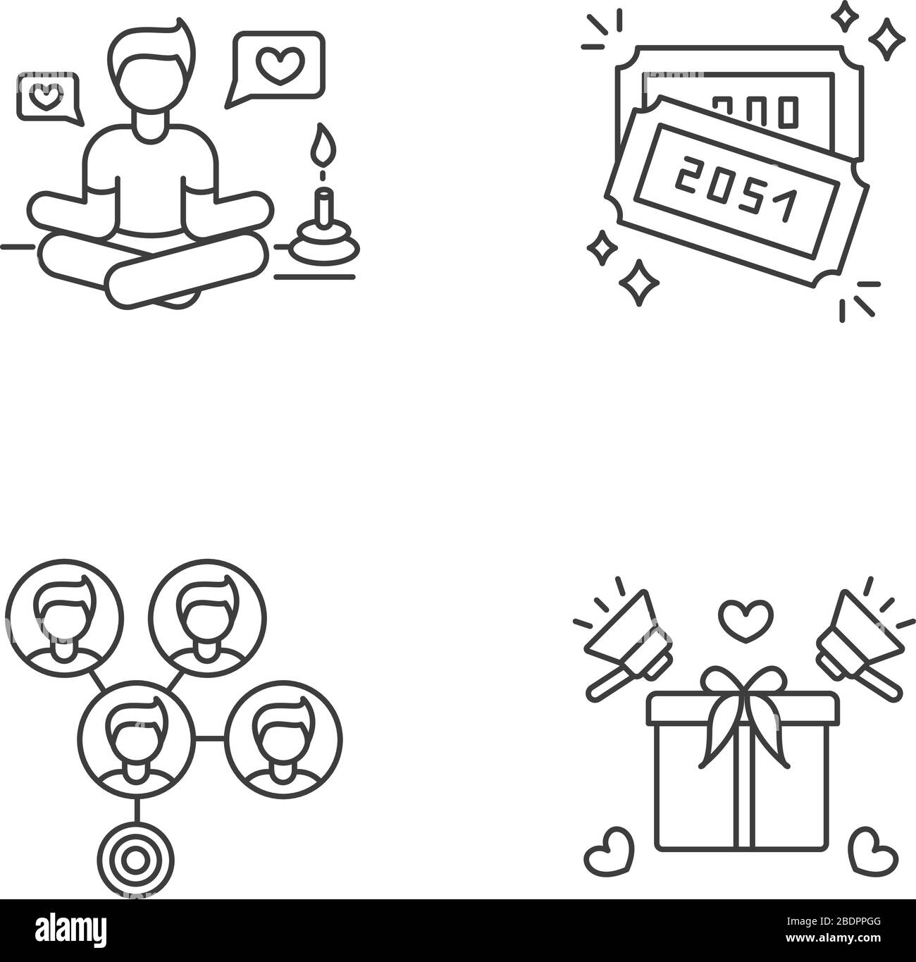 Social Media Marketing Pixel perfekte lineare Symbole gesetzt. Lifestyle-Guru. Tombola Tickets mit Nummern. Anpassbare Kontursymbole mit dünnen Linien. Isoliert Stock Vektor